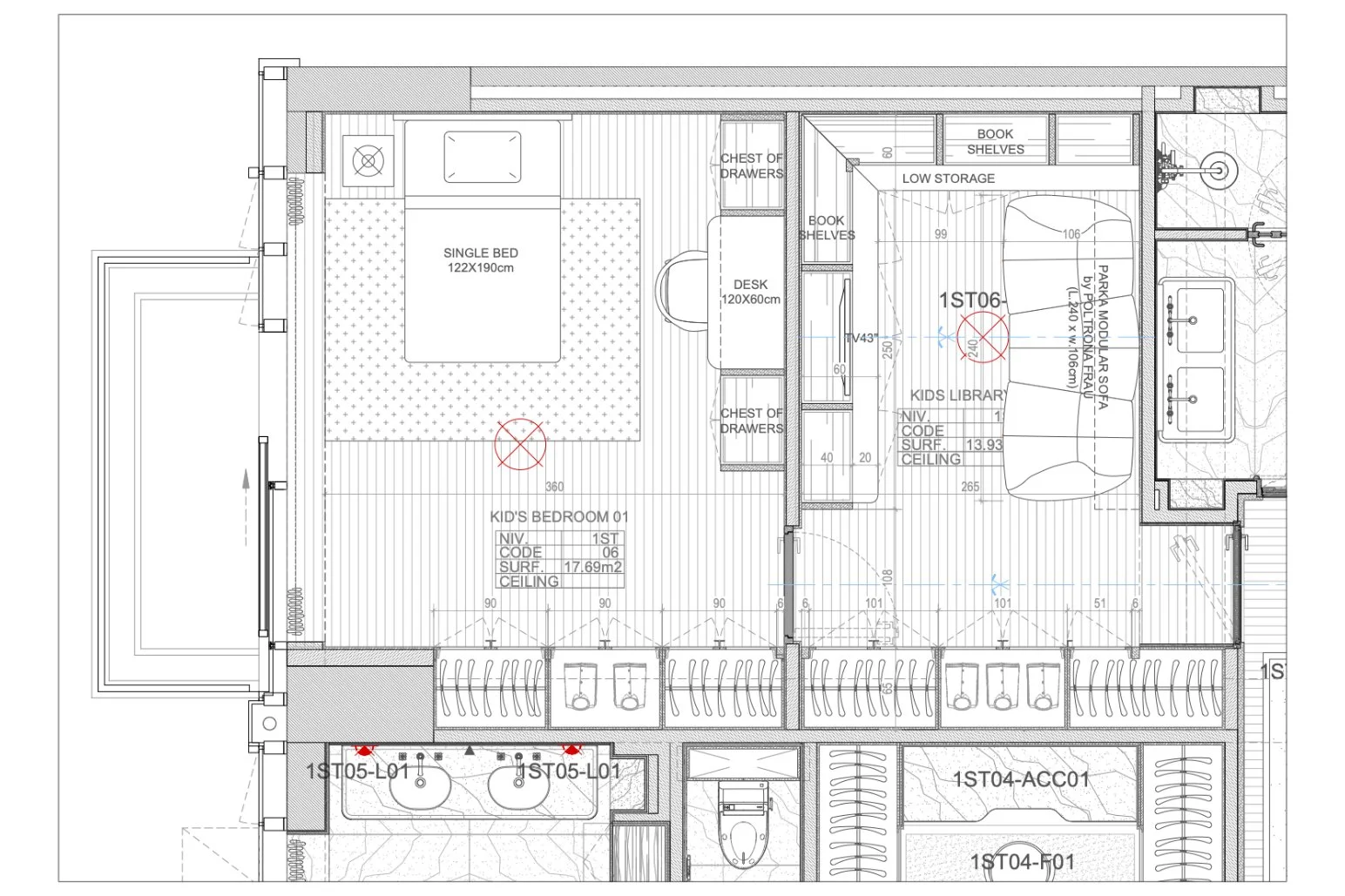 Plan architectural d'une chambre d'enfant avec un lit simple, un bureau, des étagères, une bibliothèque, une salle de bain attenante avec un lavabo et des toilettes, et des espaces de rangement.