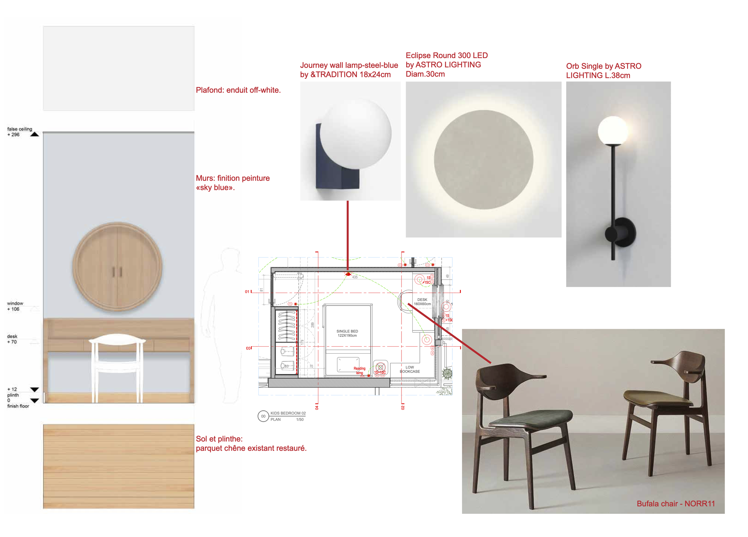 Plan d'aménagement d'une chambre d'enfant, comprenant une armoire ronde en bois clair, un bureau en bois, un sol en parquet récent restauré, des lampes murales en acier bleue et une lampe de sol avec un globe lumineux, ainsi que deux chaises en bois.