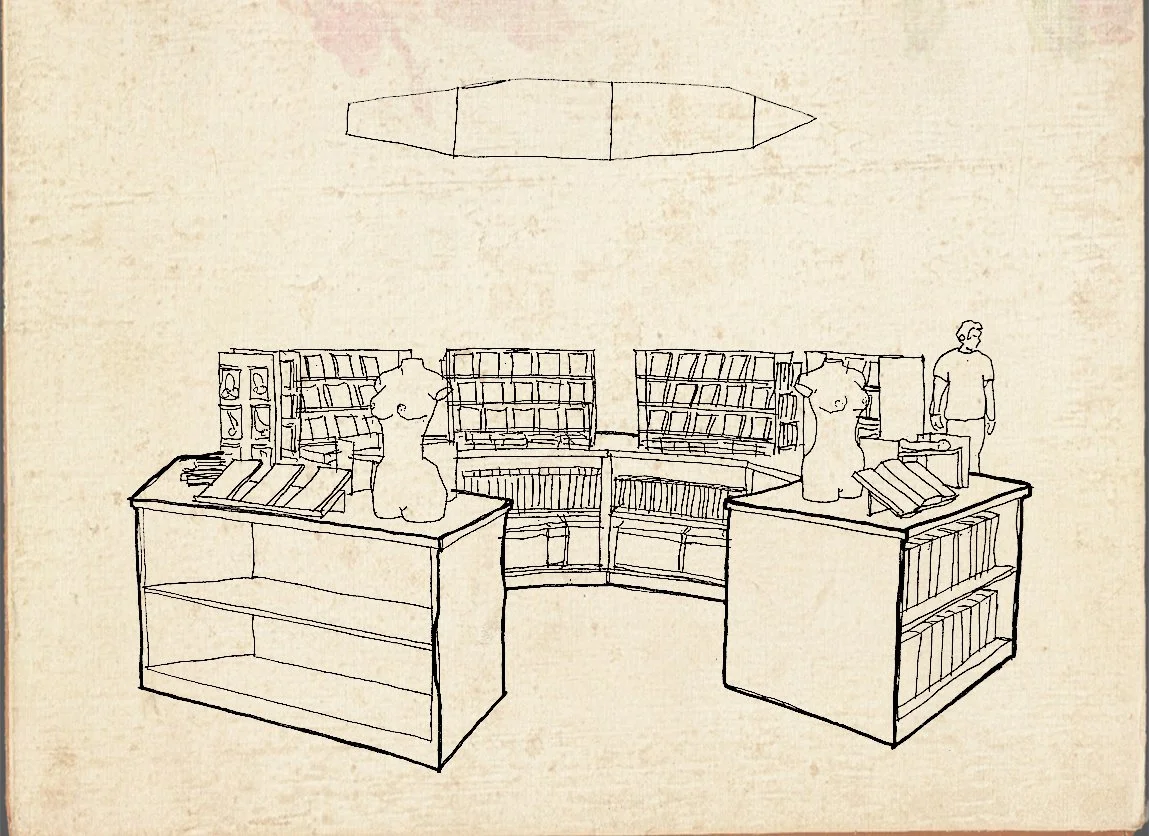 Une illustration en ligne d'une bibliothèque ou d'une librairie avec des étagères remplies de livres, deux tables avec des mannequins en forme de chiens et une personne en arrière-plan, sous un plafonnier.