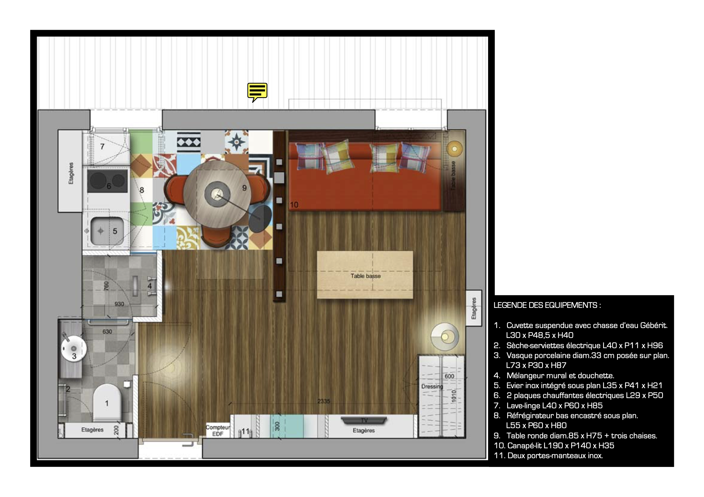 Plan d'aménagement intérieur d'un appartement ou d'une chambre, avec coin cuisine, salle de bain, espace de vie avec canapé, table basse, lit, et divers meubles et équipements.