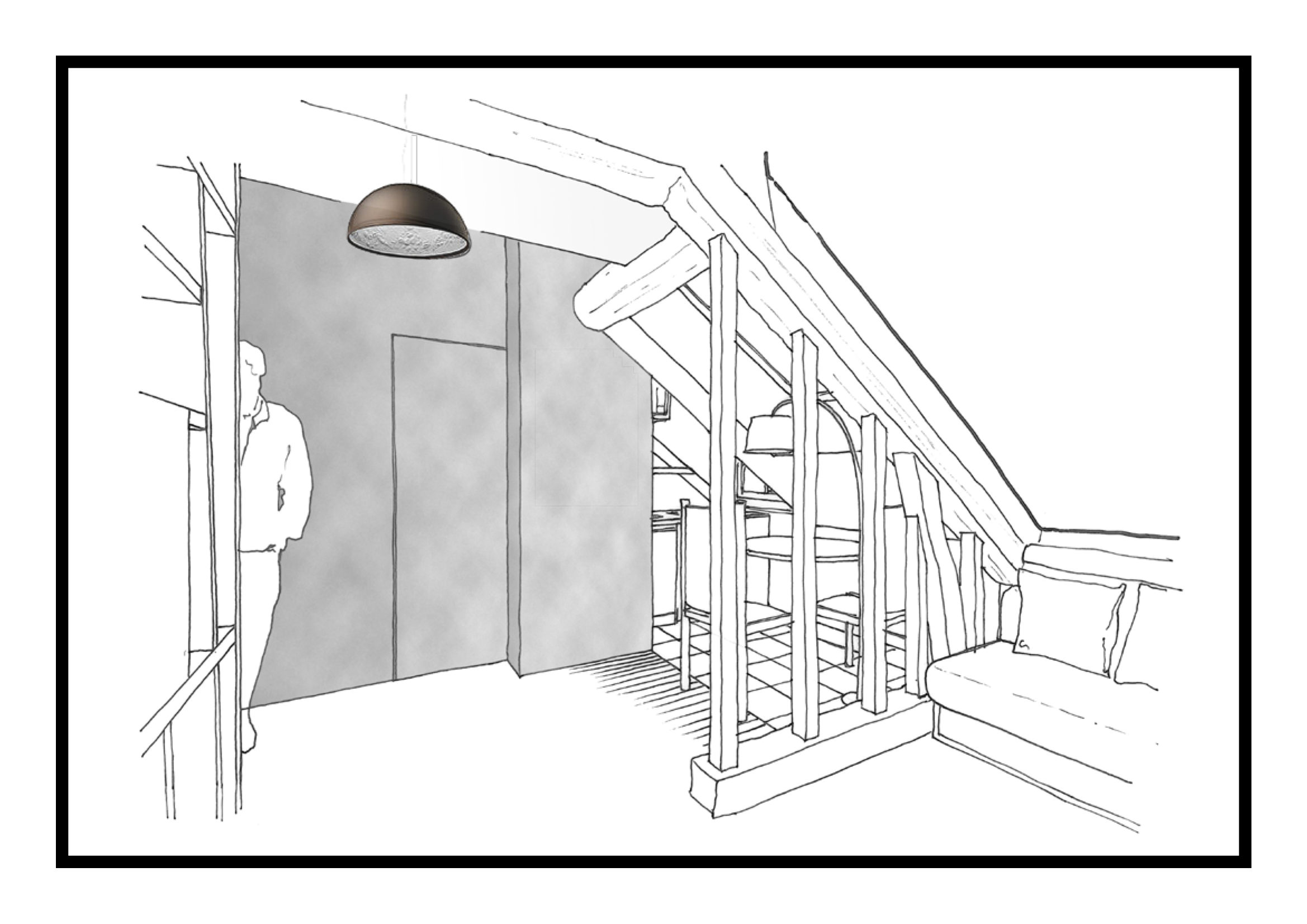 Un dessin d'intérieur d'un espace moderne avec un plafond en pente, une bannière en bois, un mur de séparation en gris, un canapé à droite et une personne en arrière-plan, style esquisse avec un seul luminaire suspendu