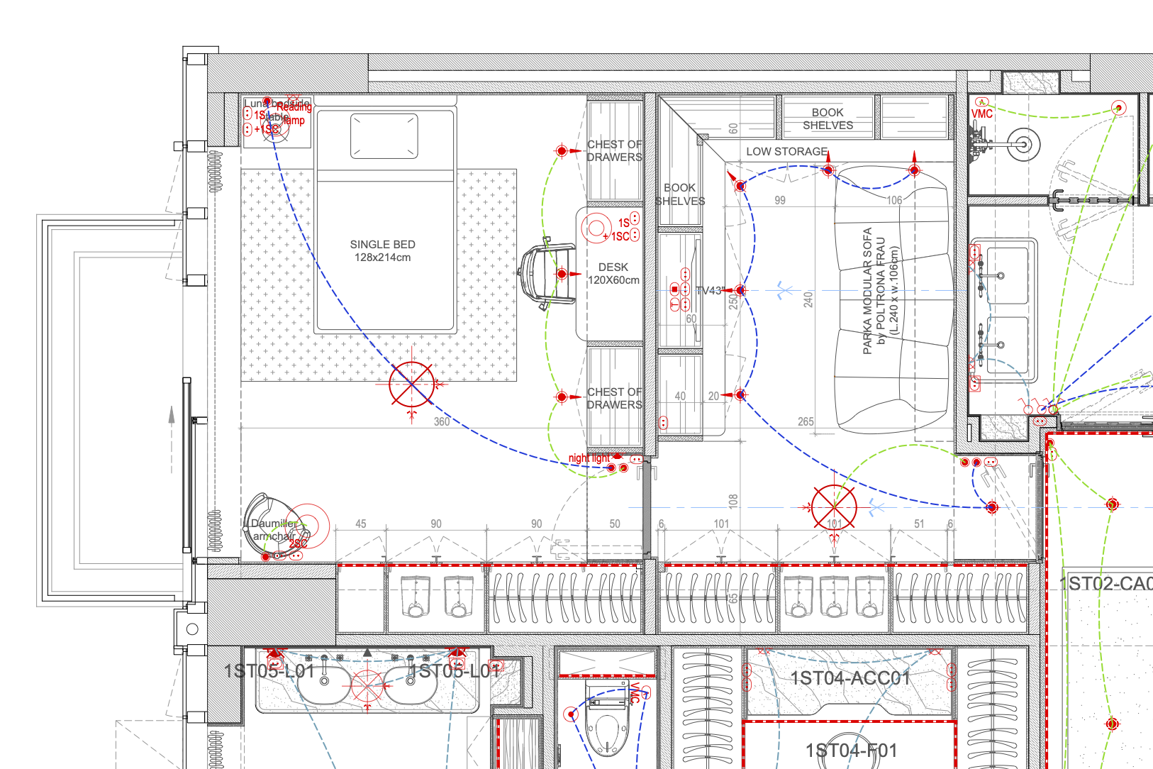 Plan d'aménagement intérieur avec les dimensions, l'emplacement du lit simple, du bureau, des armoires, des étagères, du canapé modulable, de la douche, de la toilette, et des différentes installations électriques et d'éclairage.