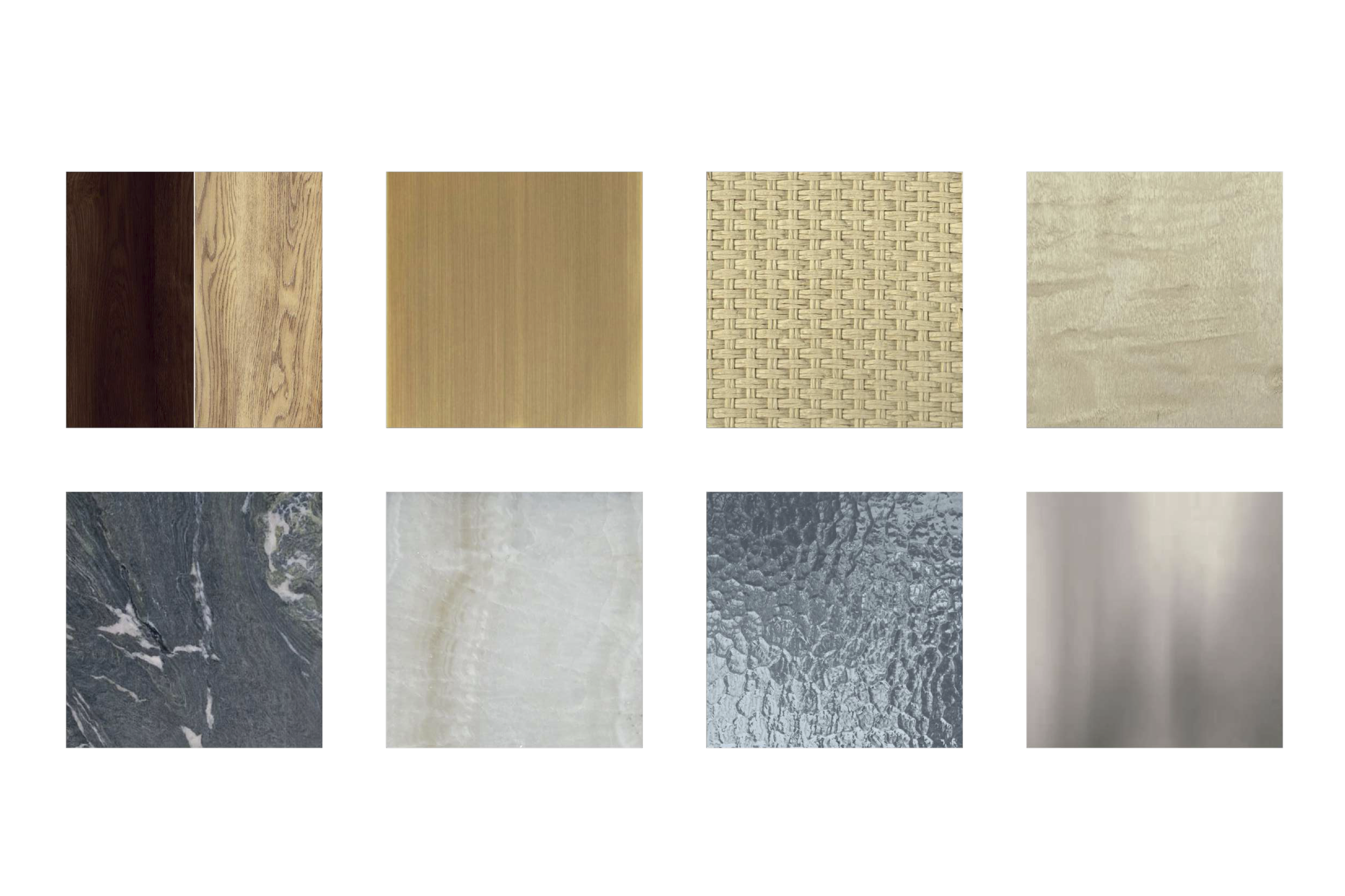 Nuancier de matériaux avec huit textures différentes, comprenant du bois, du tissu, de la pierre, du métal, et d'autres surfaces diverses.