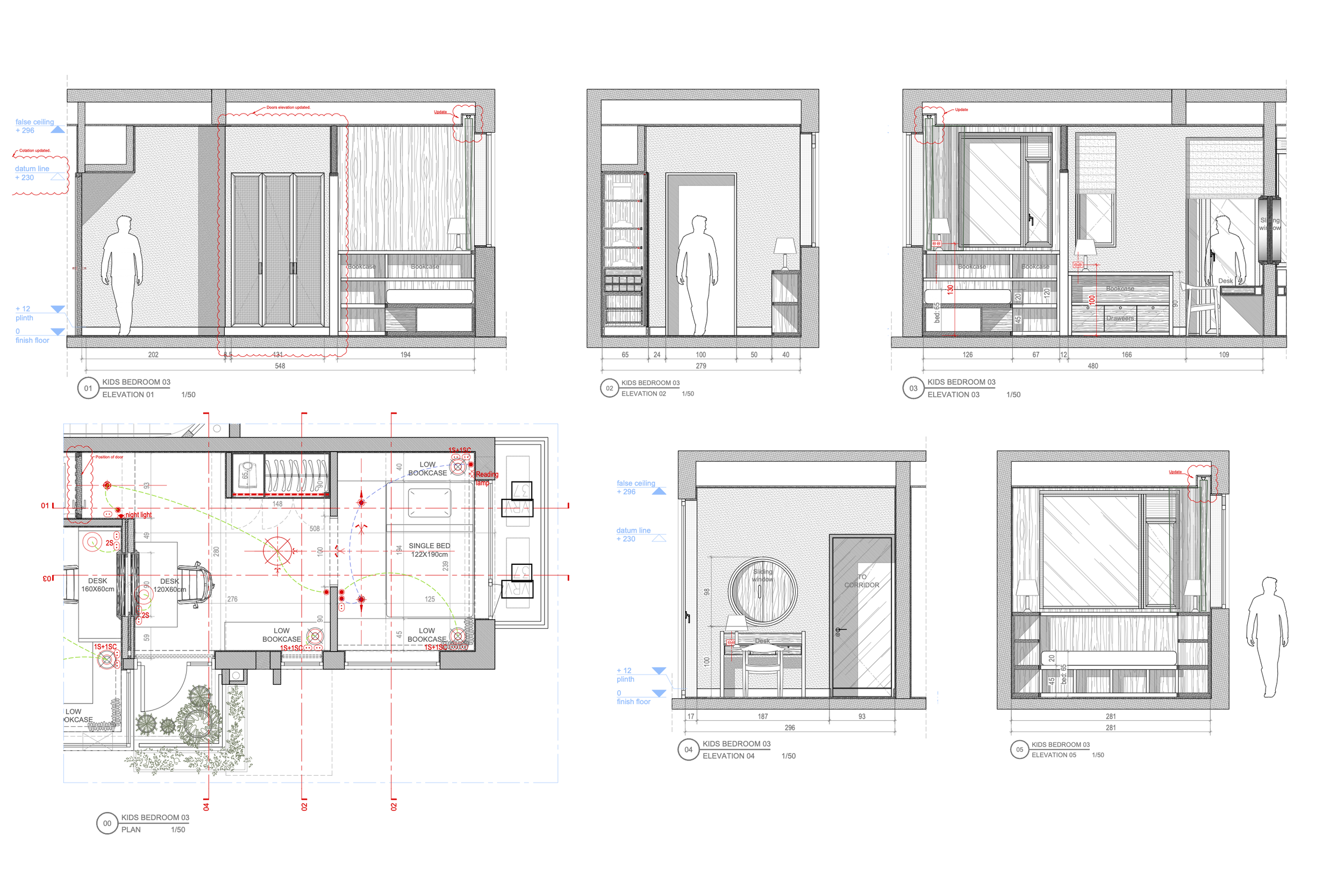 Plan architectural et élévations d'une chambre d'enfant avec détails de meubles, fenêtres et portes, annotations en anglais et mesures en mètres.