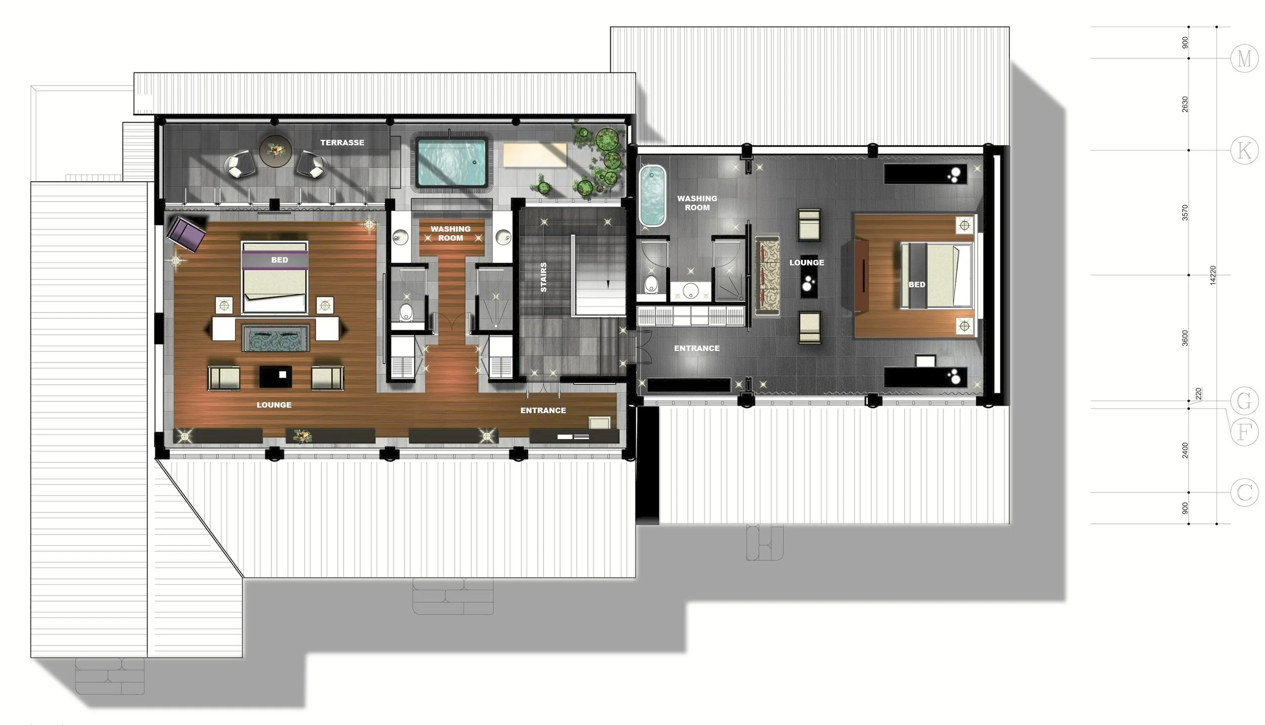 Plan architectural d'une maison avec deux chambres, salon, cuisine, salles de bain, terrasse, et escaliers.