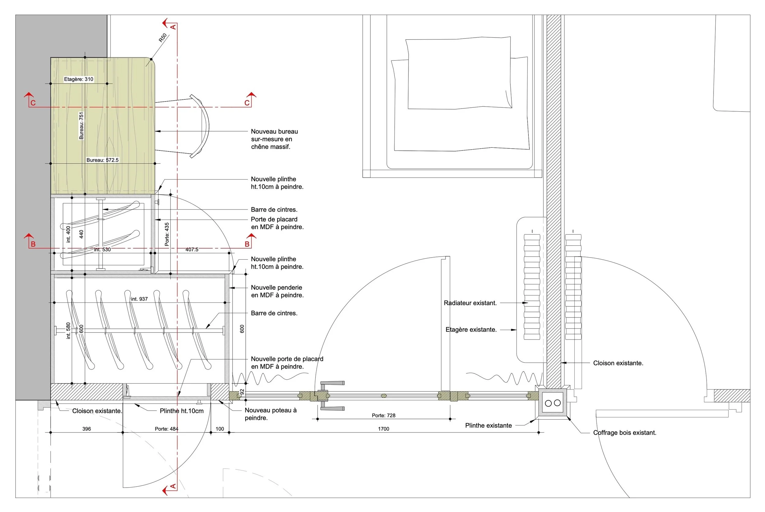 Plan de conception intérieure avec détails de meubles en bois, portes, cloisons, radiateurs, et surfaces en bois, incluant des annotations en français.