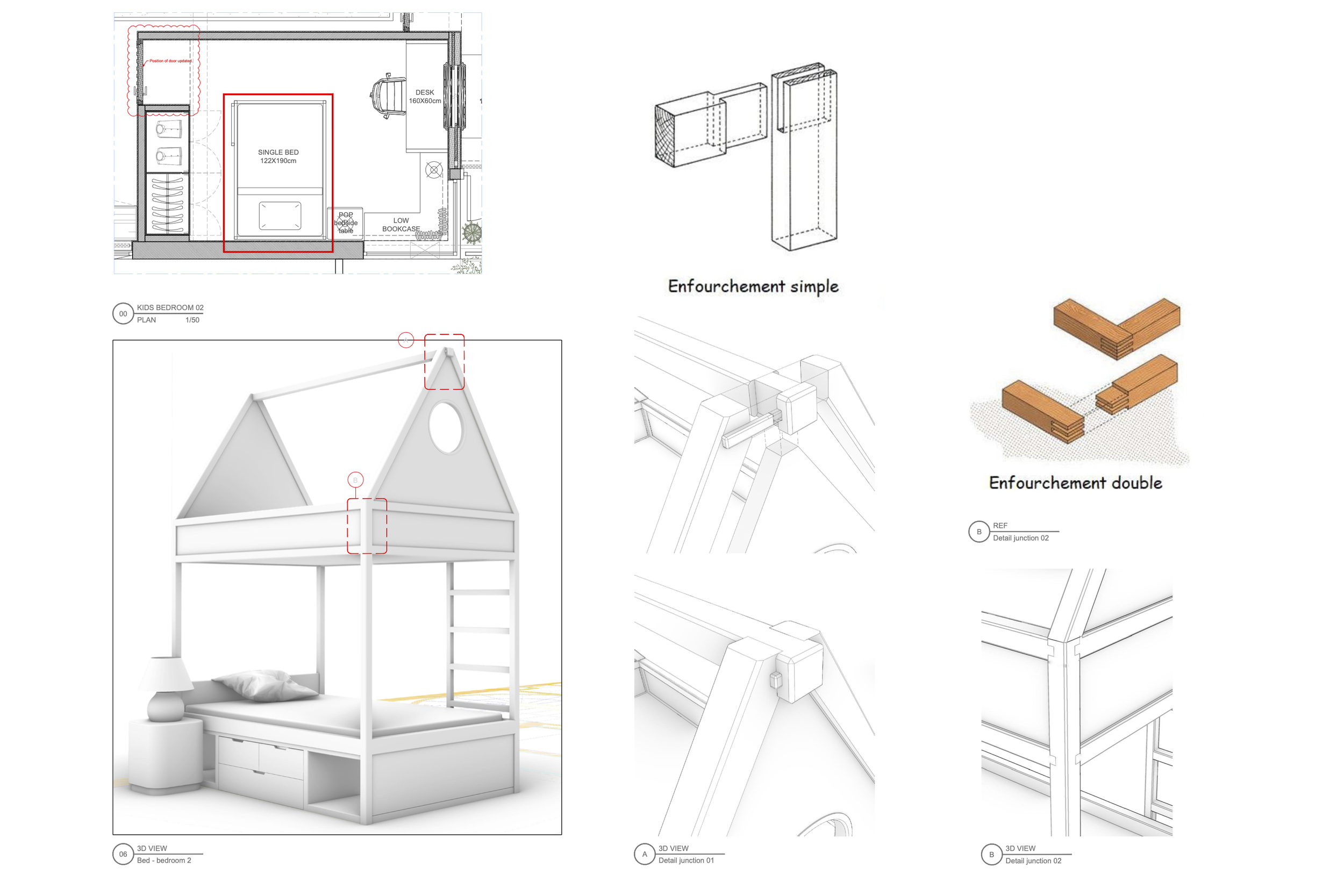 Plan d'aménagement d'une chambre d'enfant avec lit cabane, esquisses de détails de jonction et de fixation, images 3D du mobilier, et détails de construction de l'ossature en bois.