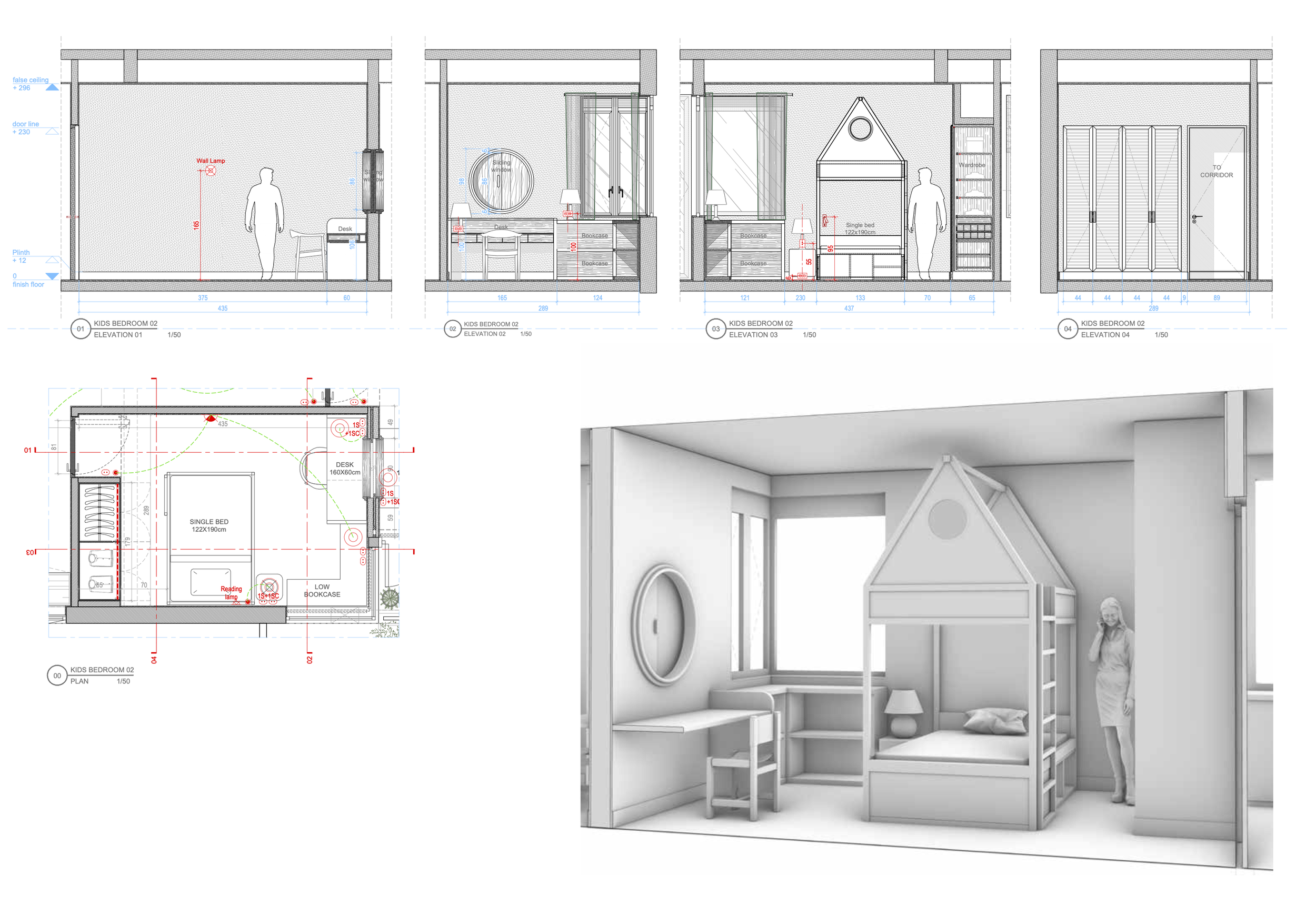 Plans et élévations d'une chambre d'enfant avec un lit cabane, un bureau, une commode, et des fenêtres, en rendu 3D, avec une échelle de 1:50.