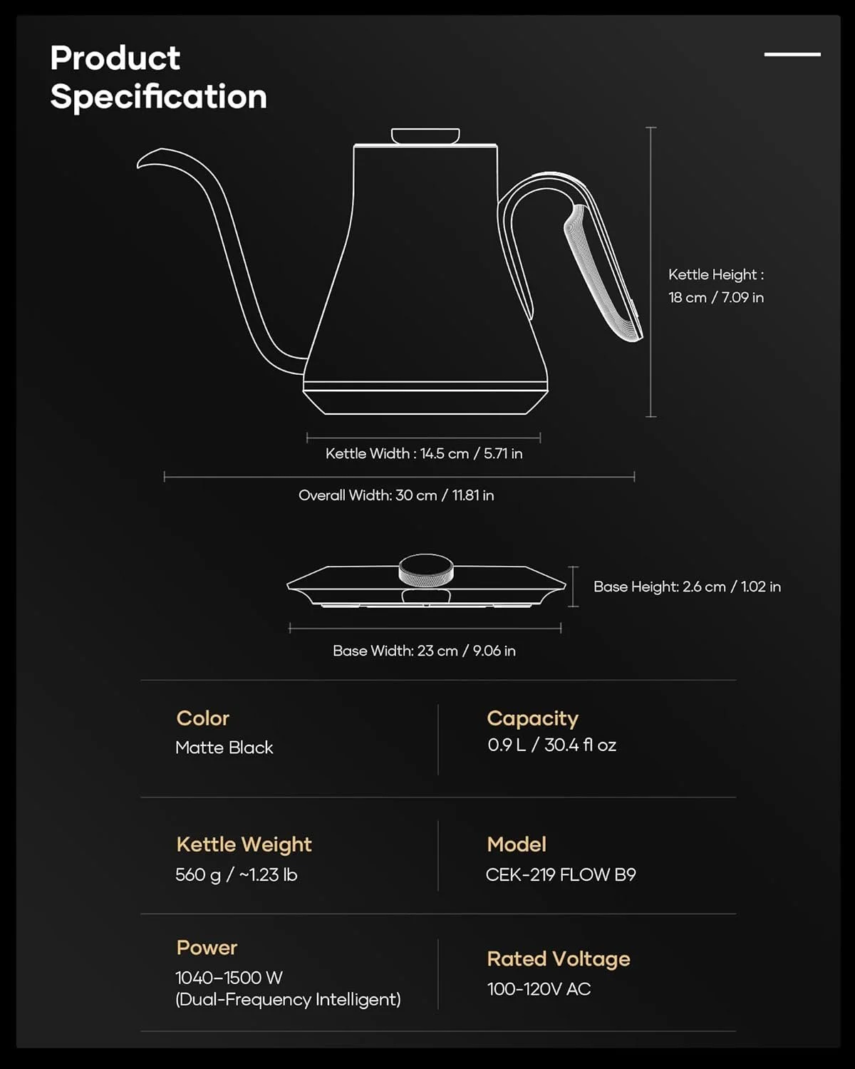 Cocinare FLOW B9 Gooseneck Electric Kettle, Precise Temperature Control for Pour-Over Coffee & Tea Brewing, Stainless Steel Interior, Rapid Heating for Boiling Water, 1500W/0.9L Matte Black