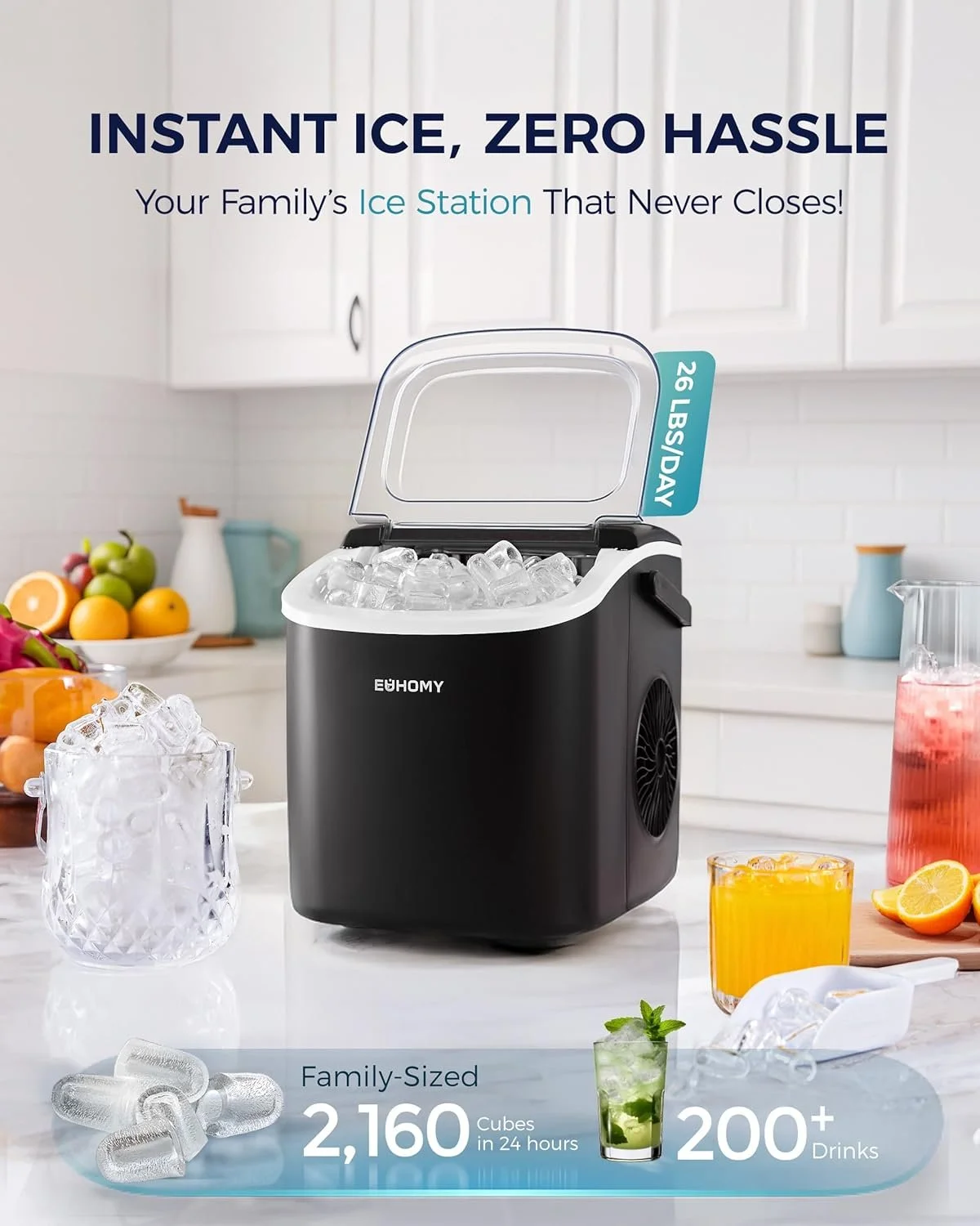 EUHOMY Countertop Ice Maker Machine with Handle, 26lbs in 24Hrs, 9 Ice Cubes Ready in 6 Mins, Auto-Cleaning Portable Ice Maker with Basket and Scoop, for Home/Kitchen/Camping/RV. (Black)