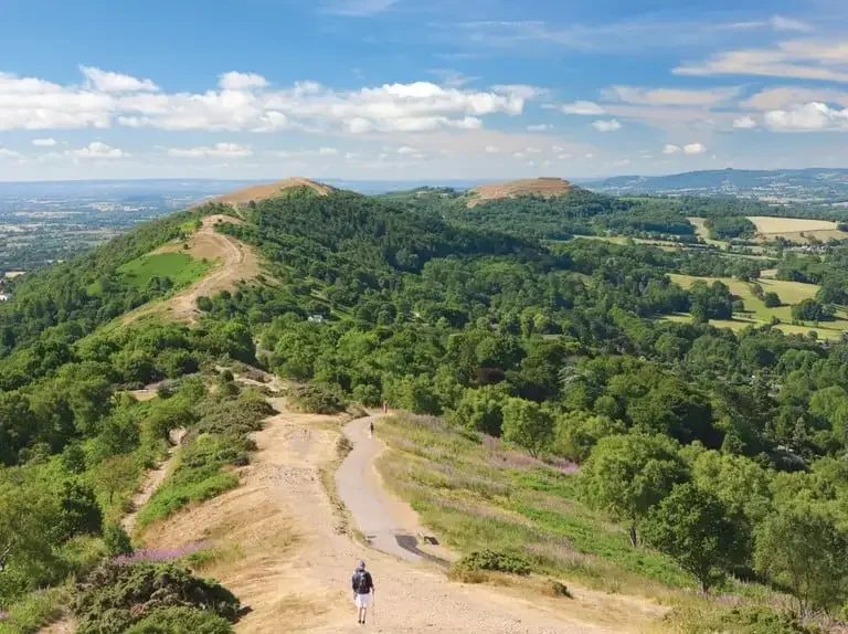 A dirt trail winding up a green hillside with trees and shrubs, leading to the top of a hill under a partly cloudy sky, with a person walking along the trail.