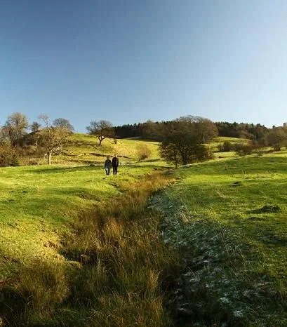 Two people walking across a grassy field with rolling hills, trees, and a clear blue sky in the background.