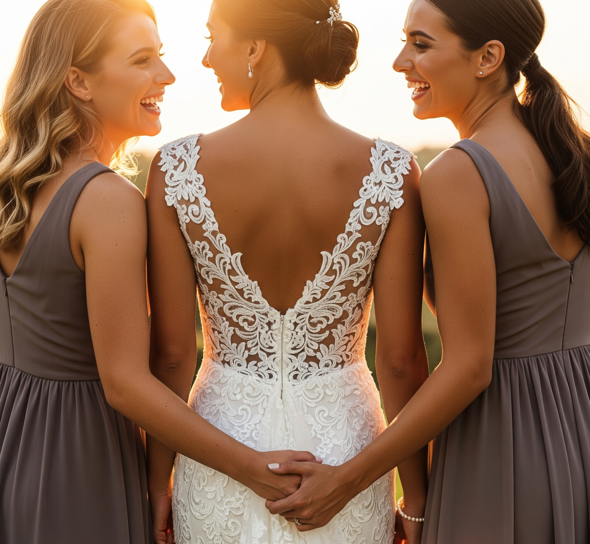 A tan bride in a lace wedding dress holding hands with two bridesmaids in gray dresses at sunset.