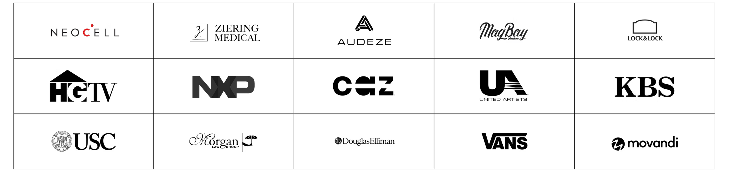 A grid of logos for various brands and companies, arranged in three rows and five columns. Some recognizable logos include HGTV, KBS, USC, Vans, and Neocell.