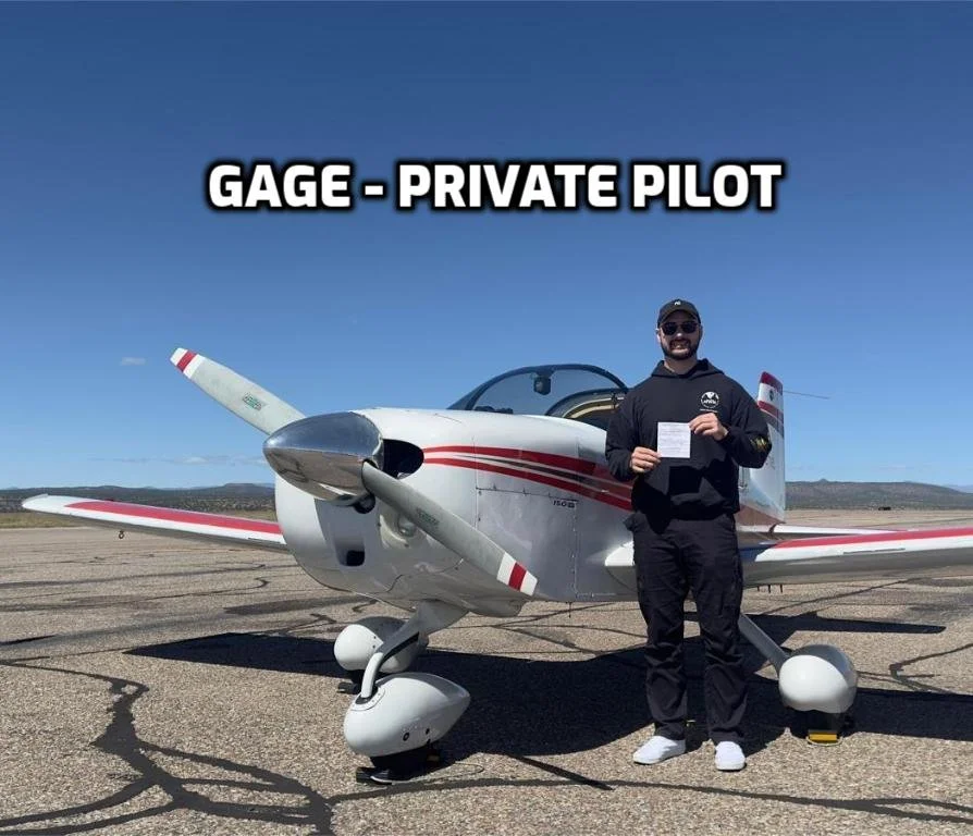 Male pilot in black clothing and cap standing beside a small white and red private aircraft. The pilot is holding a certificate or document. The background is an open airfield with a clear blue sky. Text at the top says, 'GAGE - PRIVATE PILOT'.