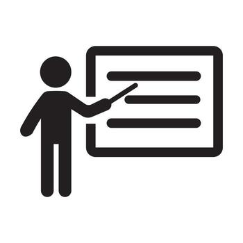 A person pointing at a presentation board with text lines.