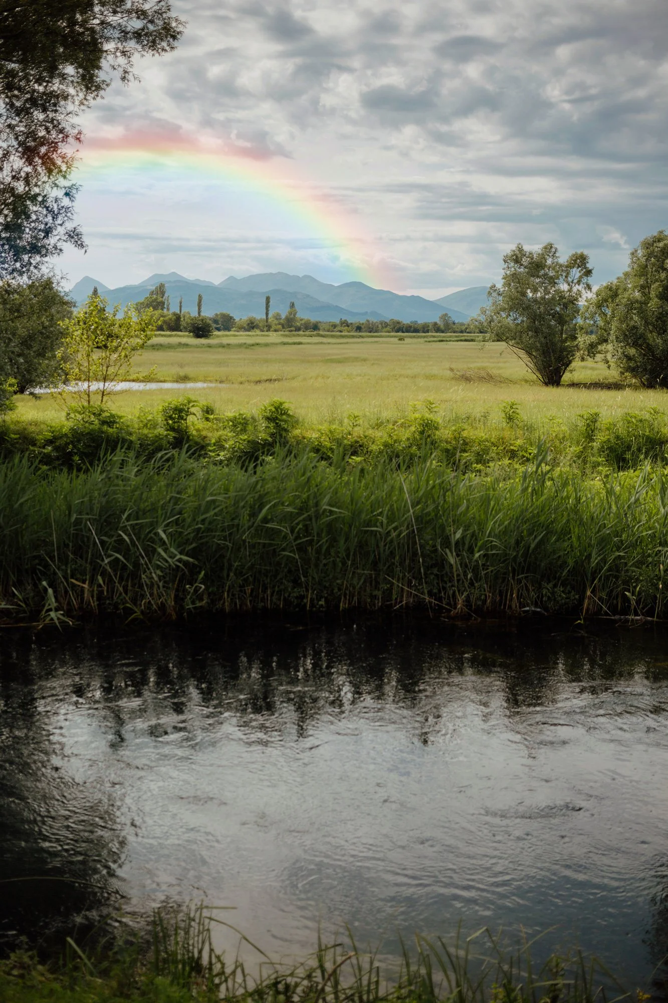A landscape with a river in the foreground, green grass and trees in the midground, mountains in the background, and a rainbow in the cloudy sky.