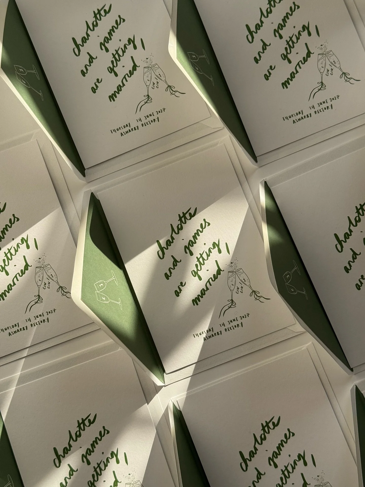 Save the Dates for Charlotte &amp; James&rsquo;s 2027 wedding at beautiful @aswarbyrectory 🌳 printed on premium Italian laid card stock, with matching textured envelopes, lined with custom illustrated envelope liners. I recommend sending out save th