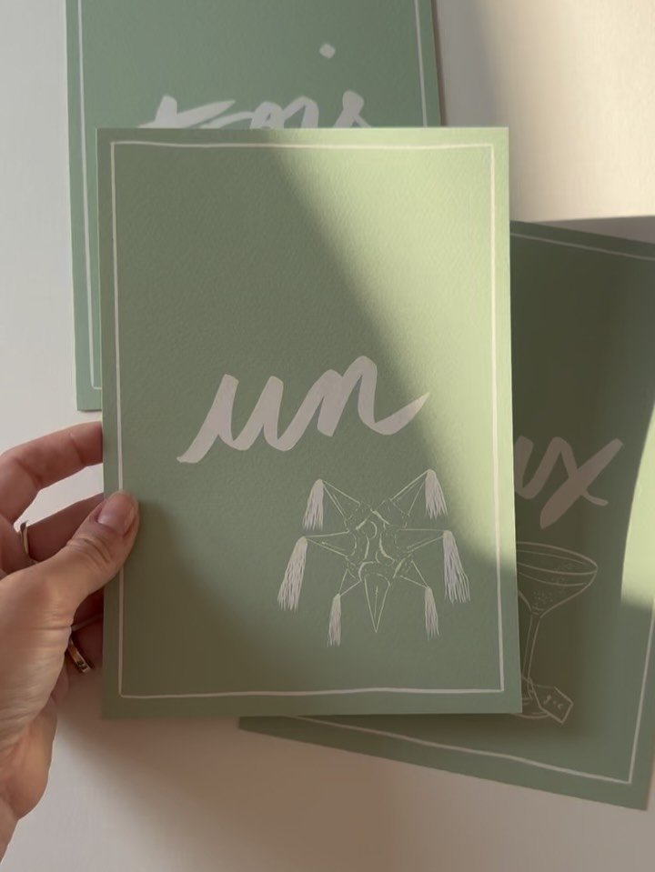 Un, Deux, Trois! We designed the table numbers for G&amp;C&rsquo;s chic French country wedding with French numbers and illustrated personal touches - including a pi&ntilde;ata and margarita, nods to G&rsquo;s Mexican heritage and one of the post-wedd