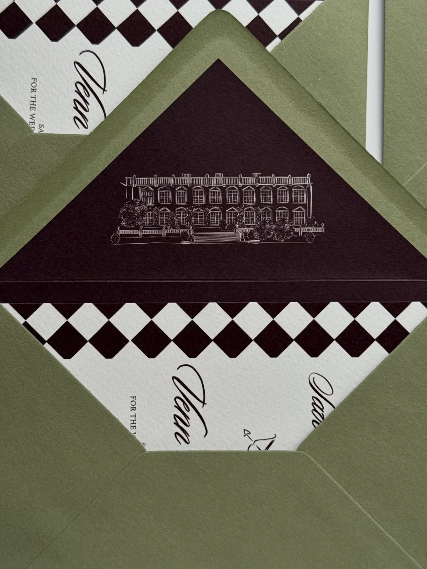 Venn &amp; Erin ❣️ Save the Dates in delicious deep berry and green tones, printed on premium cream textured card, in luxury envelopes layered with custom matching envelope liners. V&amp;E wanted an old money feel, with colours from their wedding sch