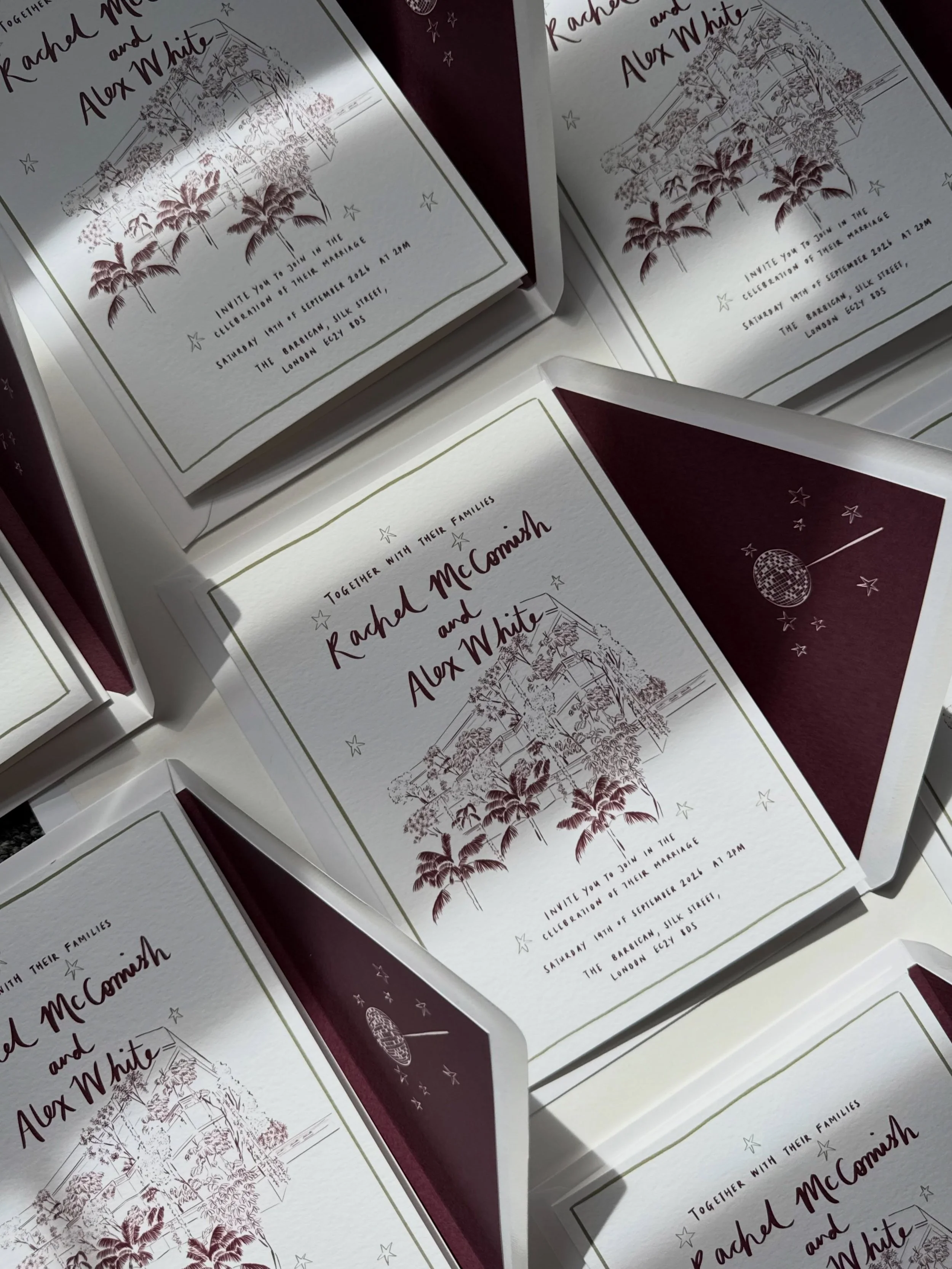 I&rsquo;ve been waiting to share these invitations that are an absolute work of ART we created together for Rachel &amp; Alex&rsquo;s wedding at The Barbican. With all text completely handlettered, a showstopper illustration of the conservatory, and 
