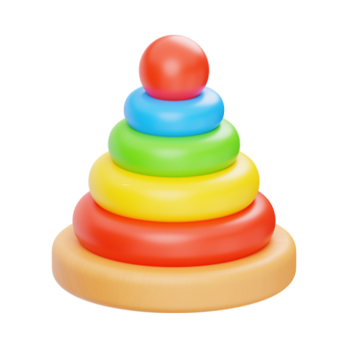 Colorful stacking ring toy with a red ball on top.