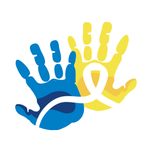 Two colorful handprints, one blue and one yellow, intertwined with a black ribbon symbolizing awareness and support for a cause.