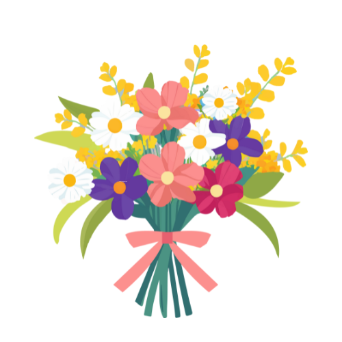 Colorful illustrated bouquet of flowers with pink, purple, white, and yellow blooms, tied with a pink ribbon.