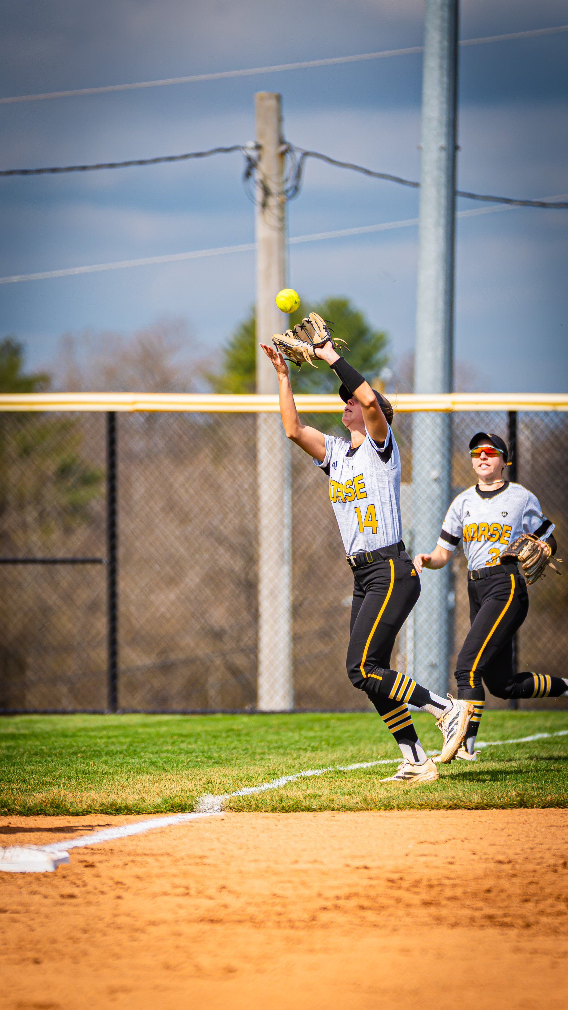 Two female softball players in gray jerseys with yellow and black details, numbered 14 and 3, are on a playing field. The player numbered 14 is reaching upwards with a glove to catch a ball over her head, while the other player is running behind her.