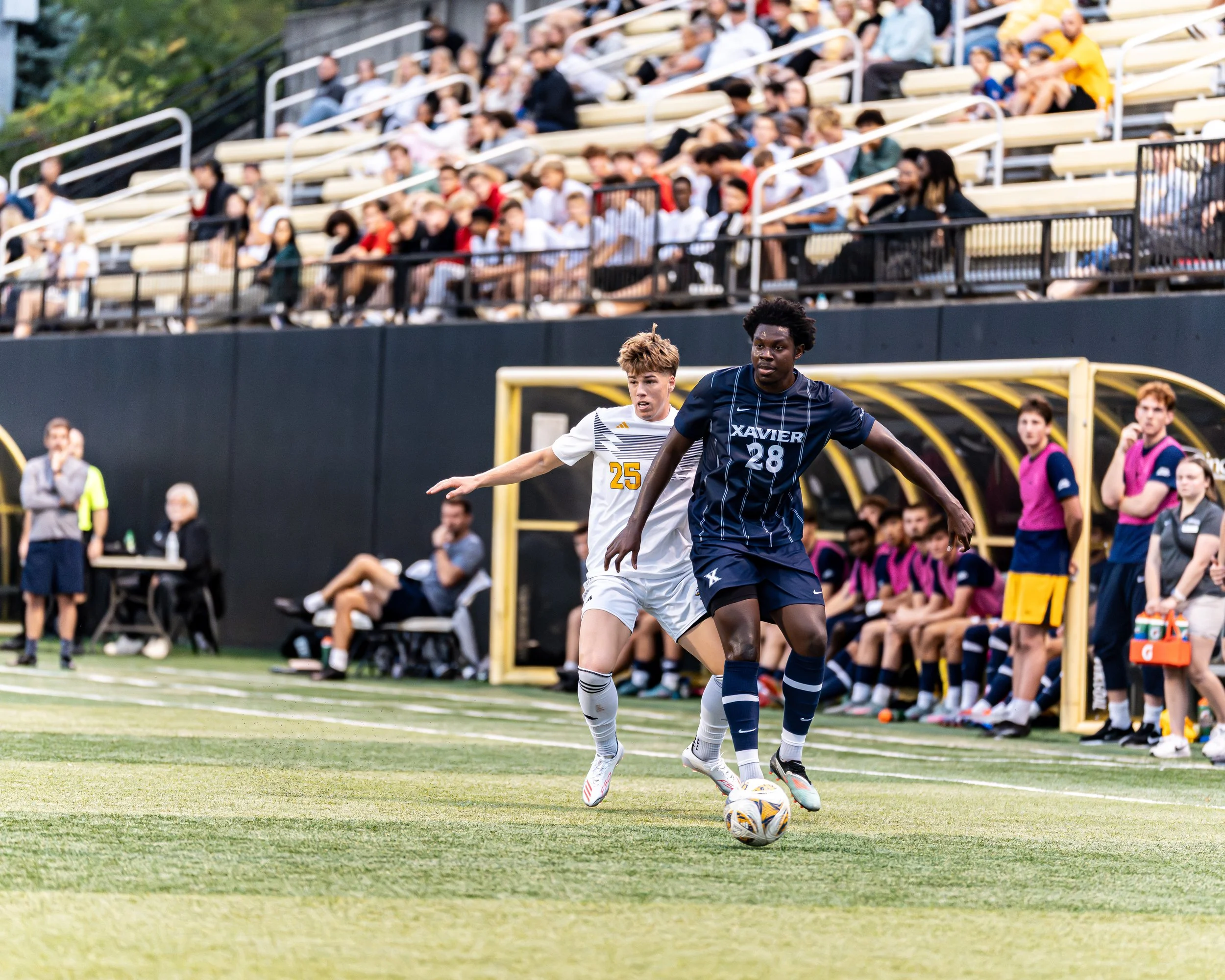 Two soccer players compete for the ball on a field during a match, with spectators in the stands and team members on the bench visible in the background.