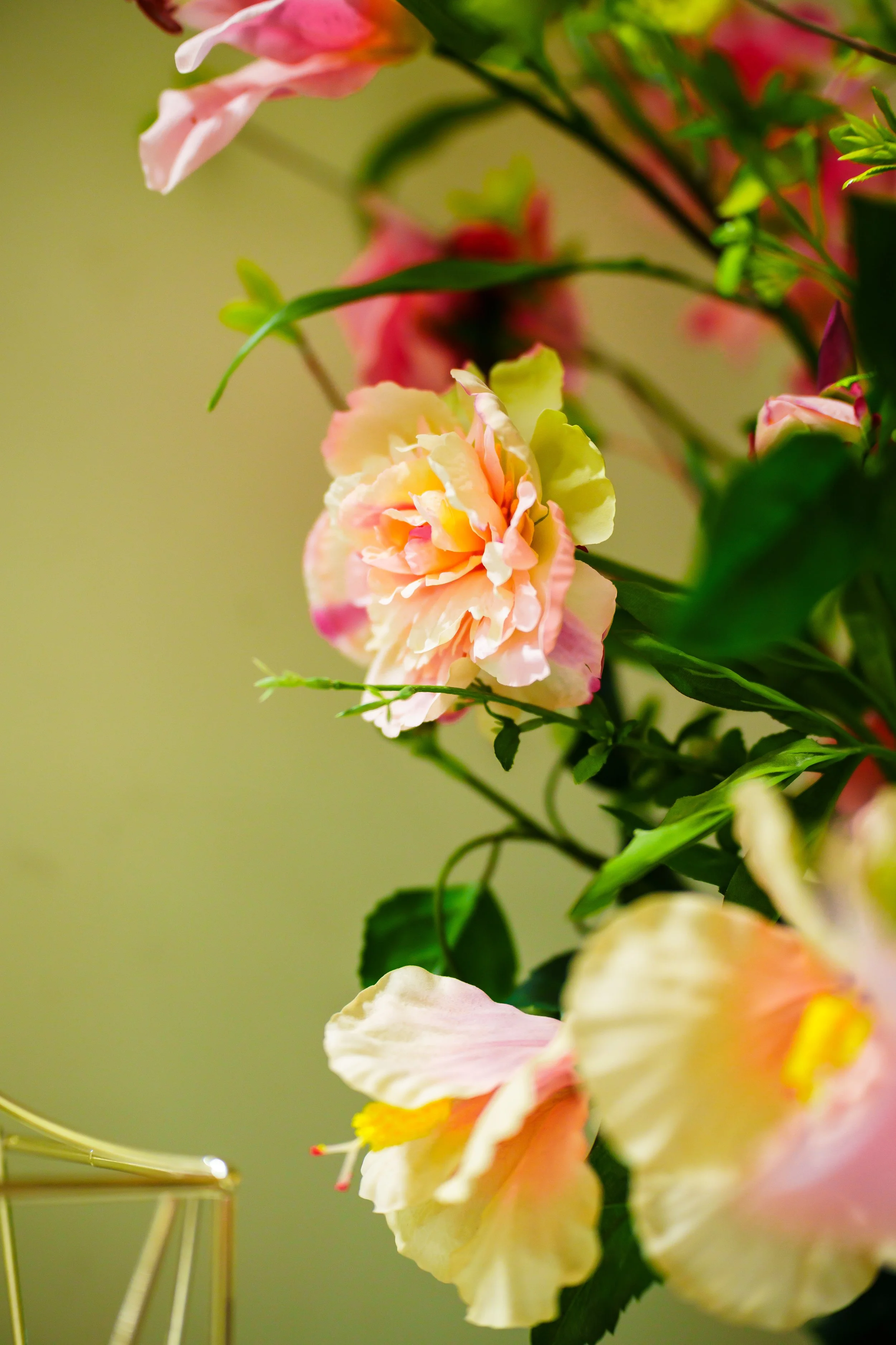 Close-up of a bouquet with pink, yellow, and white flowers against a green background.