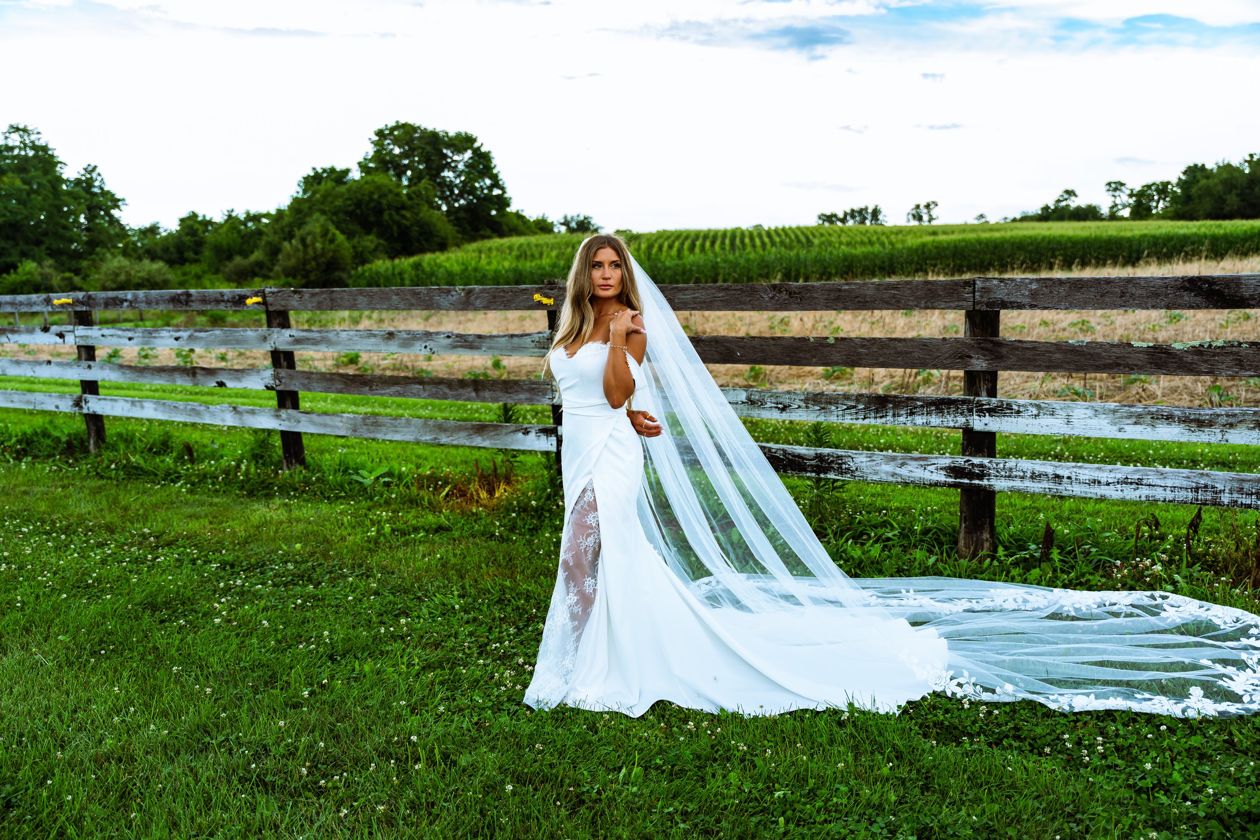 A woman in a white wedding dress and veil standing outdoors near a wooden fence in a green field with trees and a cloudy sky in the background.