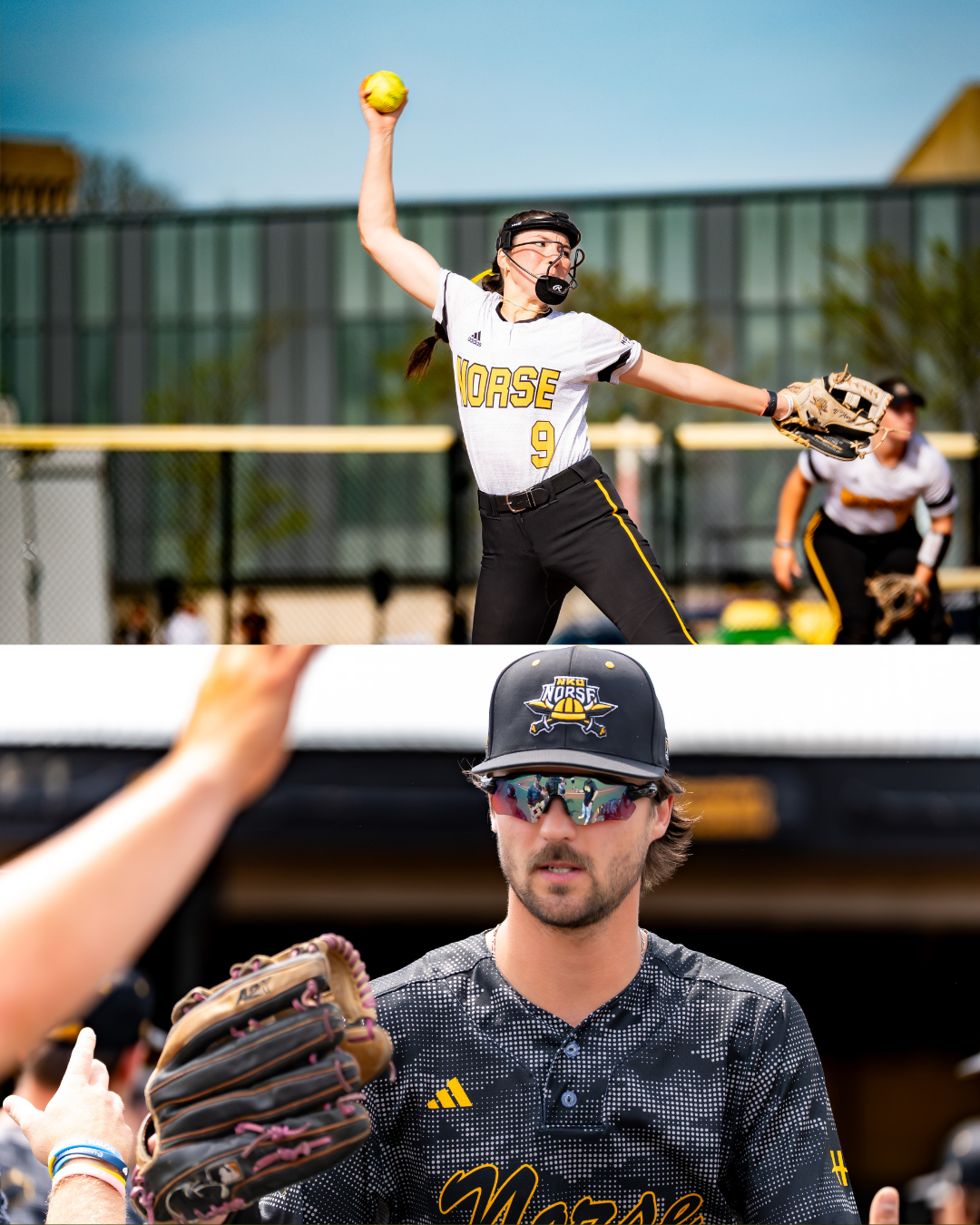 Top image shows a female softball player in a white jersey with 'MORSE' and the number 9, about to pitch the ball during a game. Bottom image features a male softball coach or player in a black cap with the 'MORSE' logo, sunglasses, and a black jerse