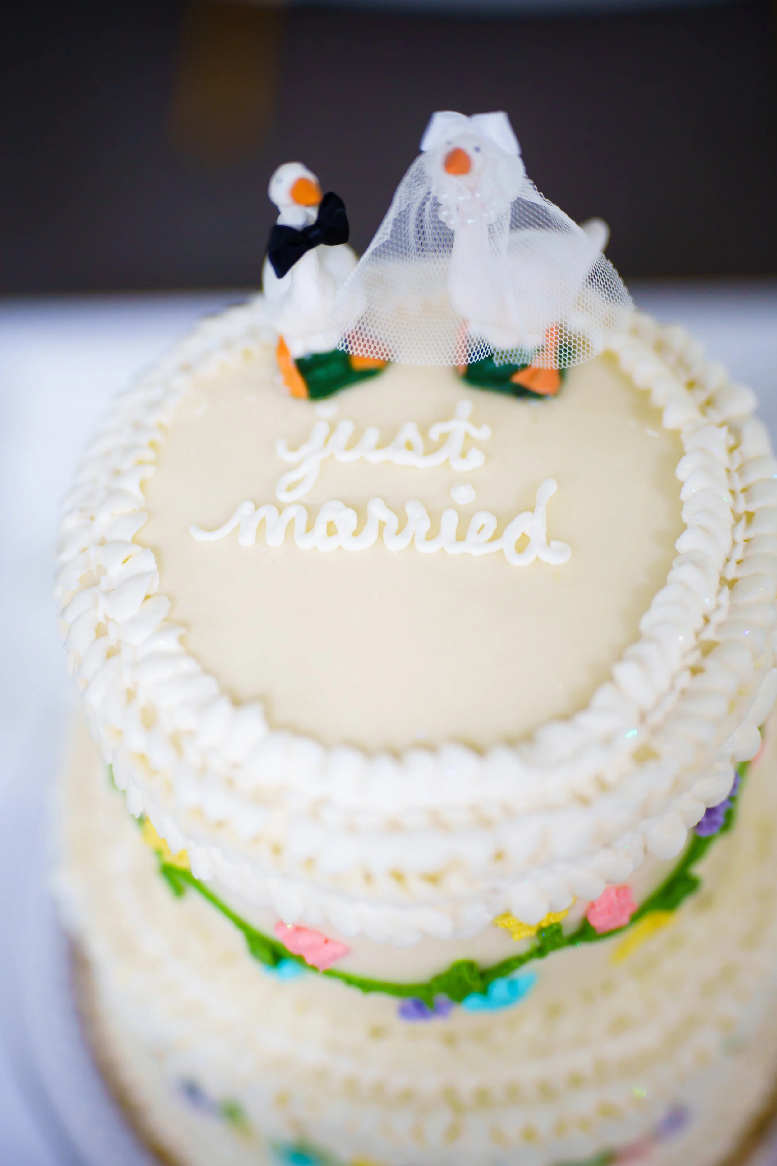 Close-up of a celebratory cake with two duck toppers dressed as a bride and groom, with the cake reading 'just married'.