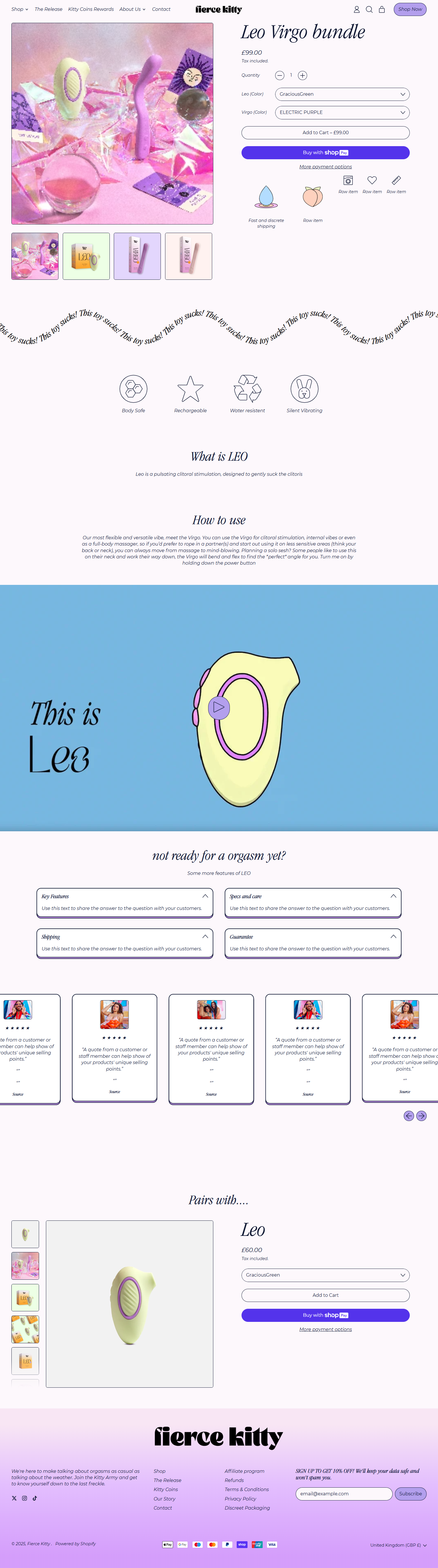Screenshot of a product webpage featuring a Leo Virgo bundle of adult toys. The page displays a purple-colored vibrator, along with other items like a pink wand and accessories in pastel packaging. There are product details, a description of the Leo