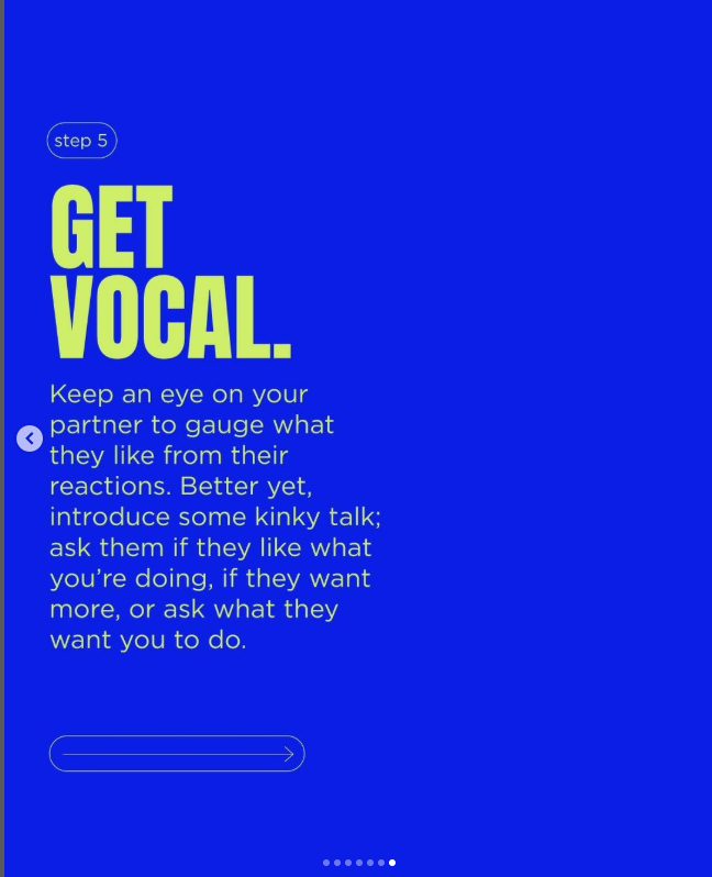 Step 5 in a guide instructing to keep an eye on your partner's reactions to gauge their interest, introduce kinky talk, and communicate openly about desires.