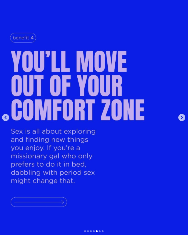 Blue digital page with white and purple text about exploring and finding new things in sex, titled 'You'll Move Out of Your Comfort Zone'.