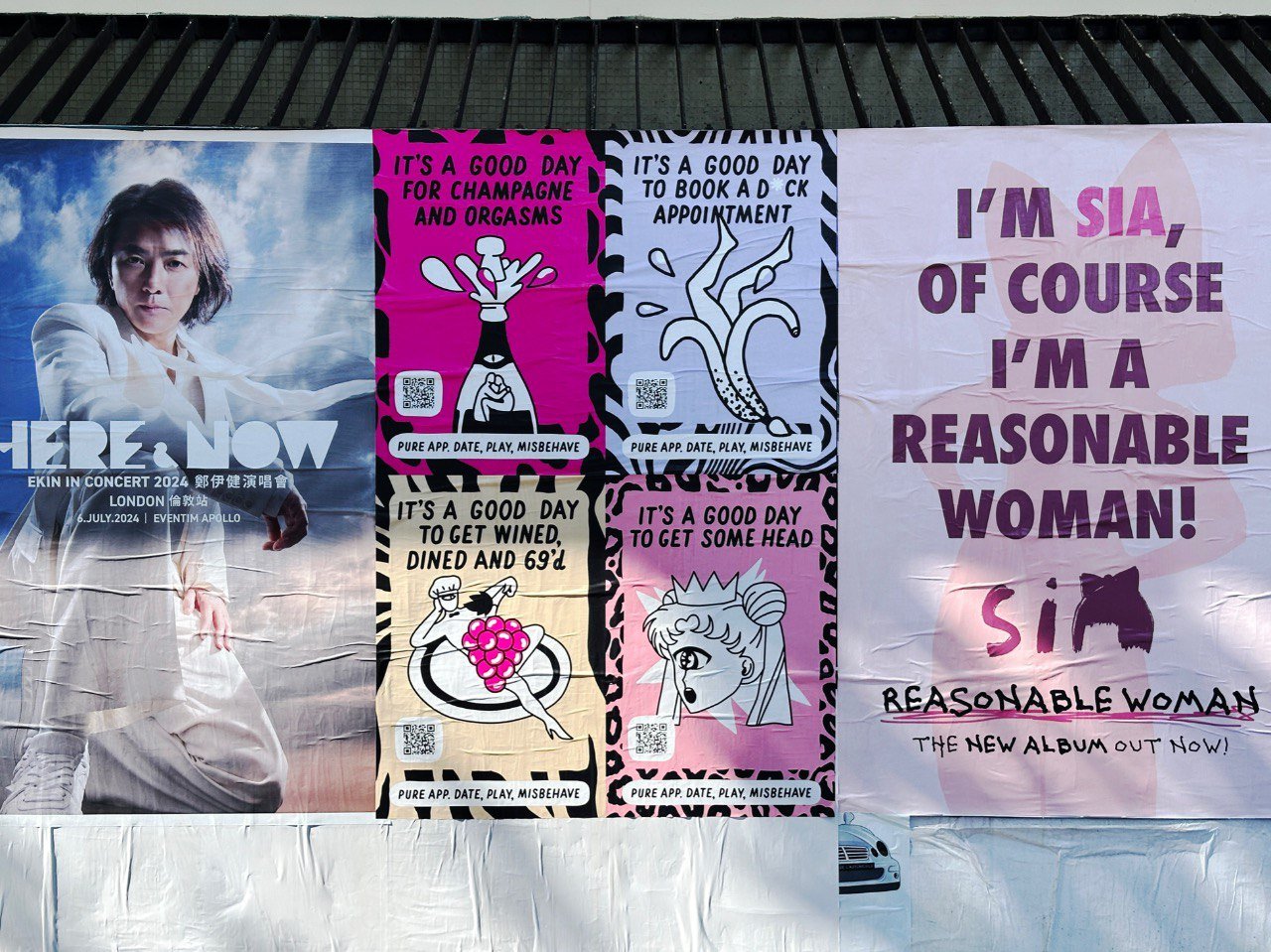 A concert poster and multiple smaller illustrated signs, including a large purple and pink one with quotes about personal activities, and a message from an artist promoting their album, featuring a silhouette of a woman's head with a hairstyle and a