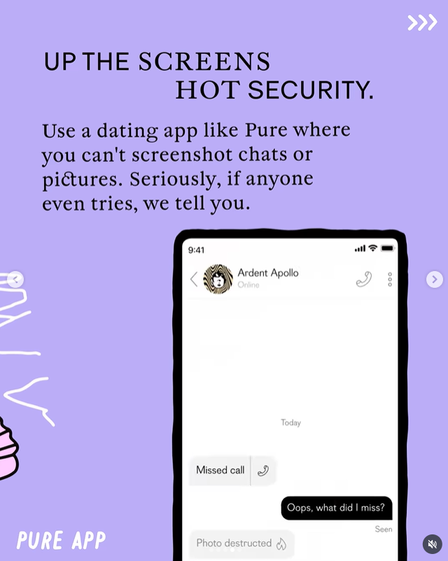 A digital graphic promoting security in messaging apps, showing a fake phone screen with a missed call, a destroyed photo, and a conversation with a user named Ardent Apollo, set against a lavender background with instructions not to screenshot chats