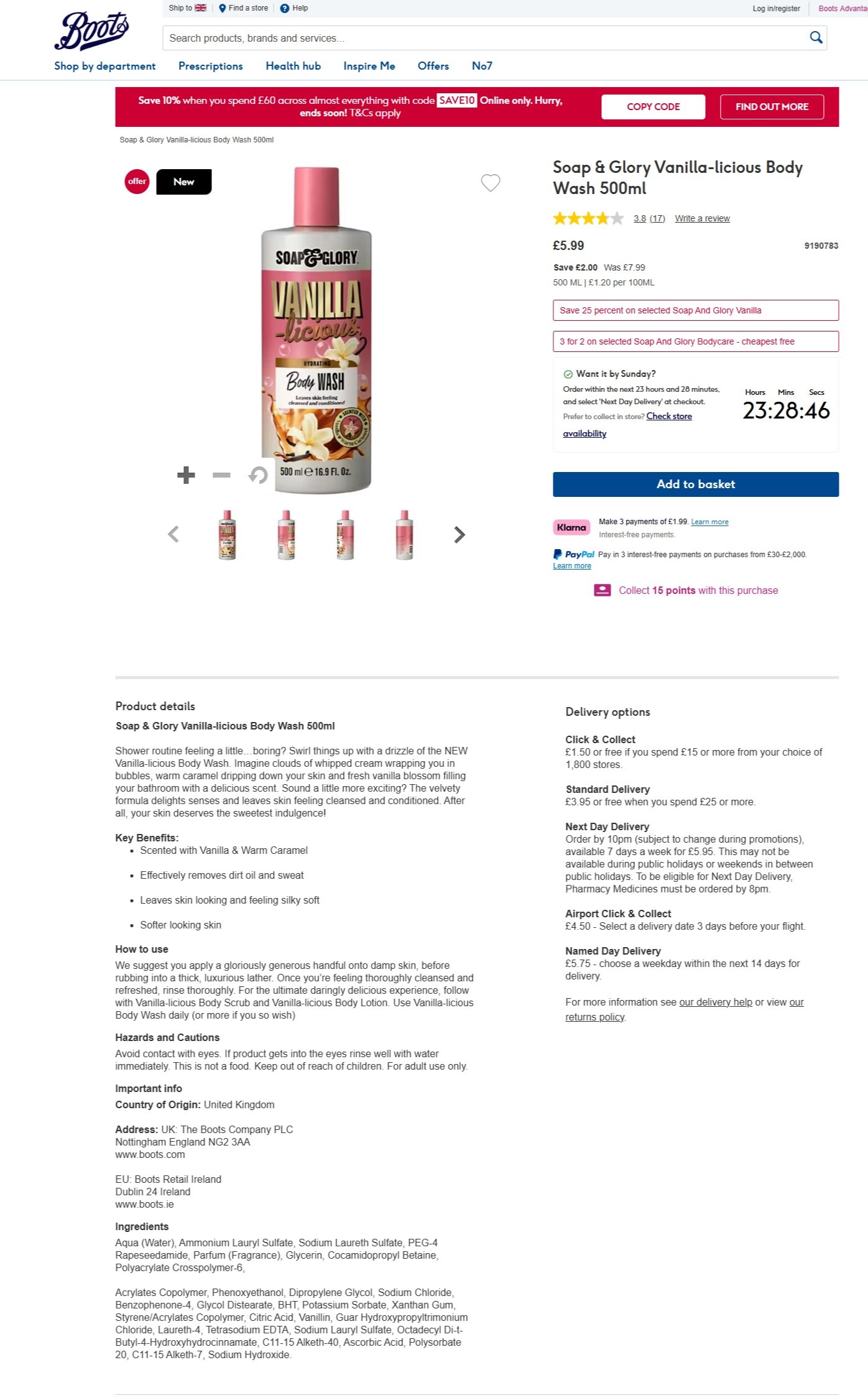 Bottle of Soap & Glory Vanilla-licious Body Wash, 500ml, with pink cap and label with vanilla flower illustration, on a product page.