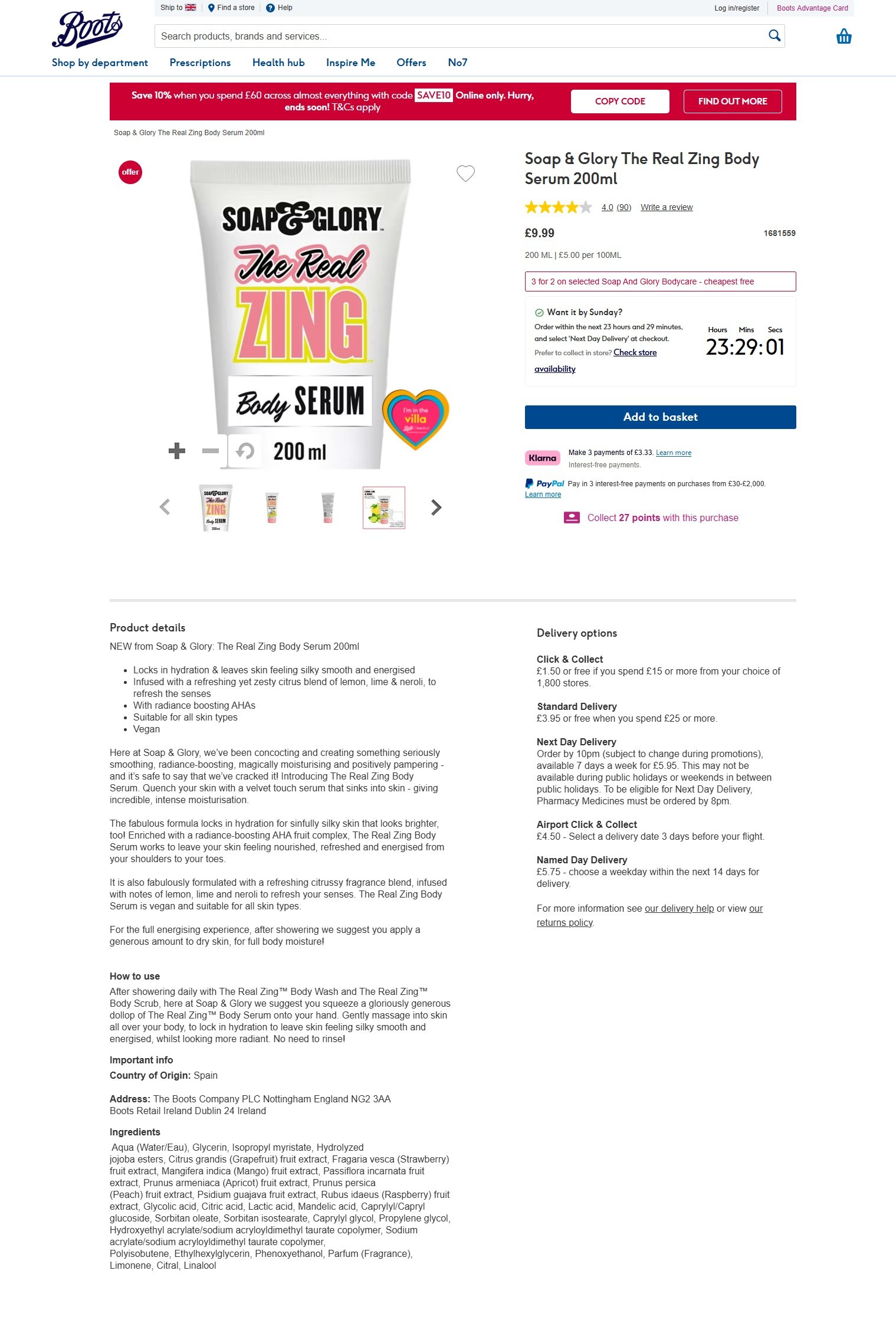 Product listing for Soap & Glory The Real Zing Body Serum, 200ml, priced at Β£9.99 on a website. The product image shows a white tube with black, pink, and yellow text, and a heart-shaped sticker that says "I'm in the villa."
