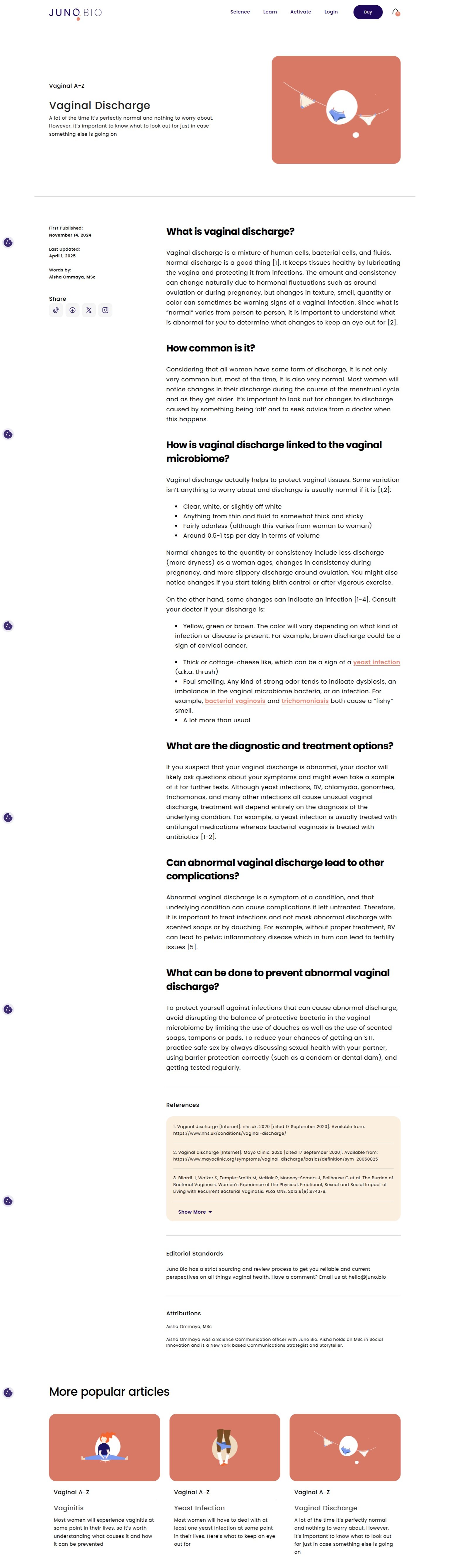 Screenshot of a webpage about vaginal discharge, including sections on what it is, commonality, links to the vaginal microbiome, diagnostic options, complications, prevention, with illustrations of a vagina and related icons.