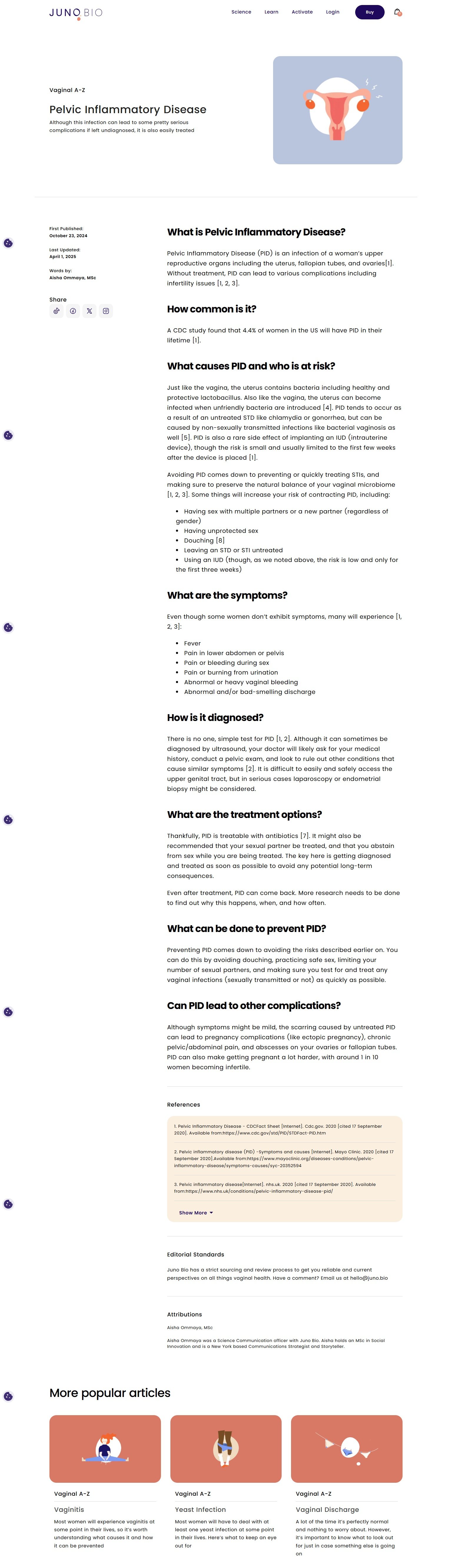 Screenshot of a webpage titled 'Pelvic Inflammatory Disease' with an illustration of a uterus. The page discusses causes, symptoms, diagnosis, and prevention of PID.
