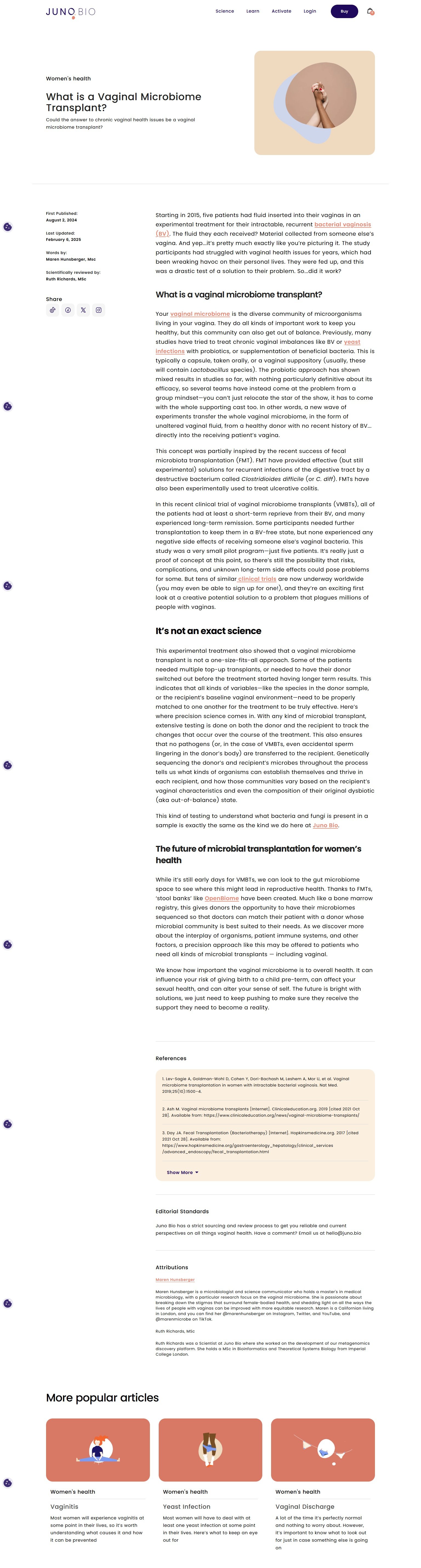 Screenshot of a webpage titled 'What is a Vaginal Microbiome Transplant?' from Juno Bio, discussing vaginal health and microbiome transplants, featuring text sections, a graphic illustration of hands holding a uterus, and related articles at the bott