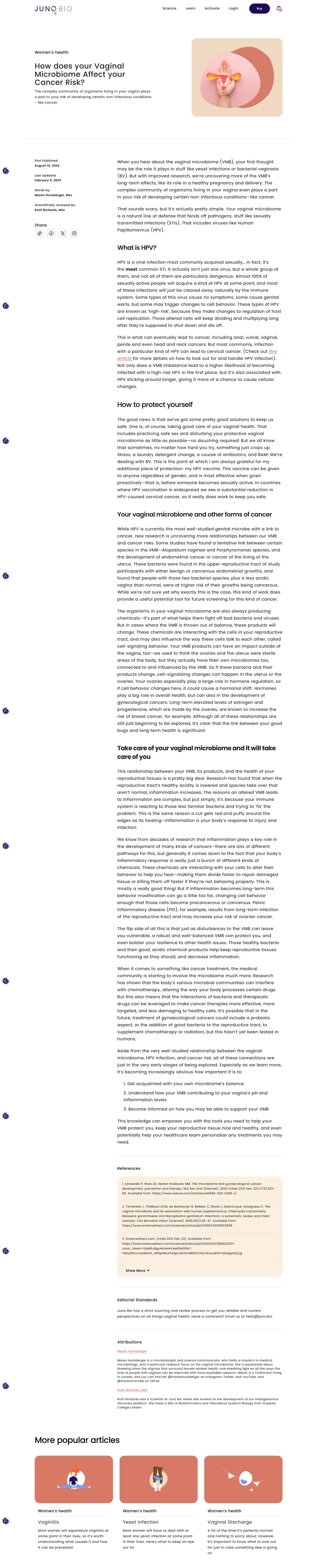 An informational article discussing how vaginal microbiome affects cervical cancer risk, HPV, and methods for protection, with a graphic of a uterus and ovaries at the top right.