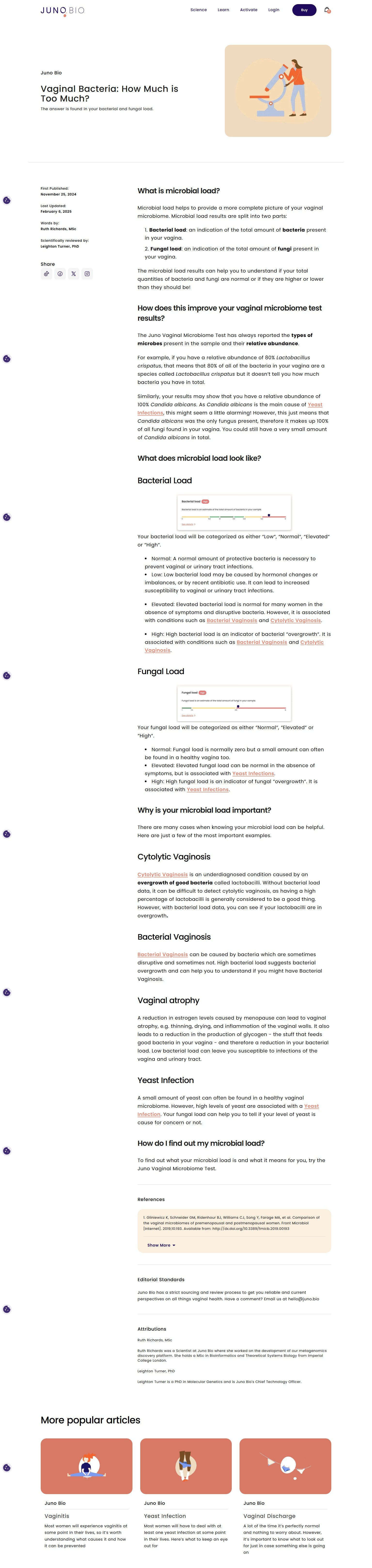 Online article titled "Vaginal Bacteria: How Much is Too Much?" with an illustration of a woman looking at a microscope. The article discusses vaginal microbiome load, bacterial and fungal loads, their importance, and methods to determine microbial l