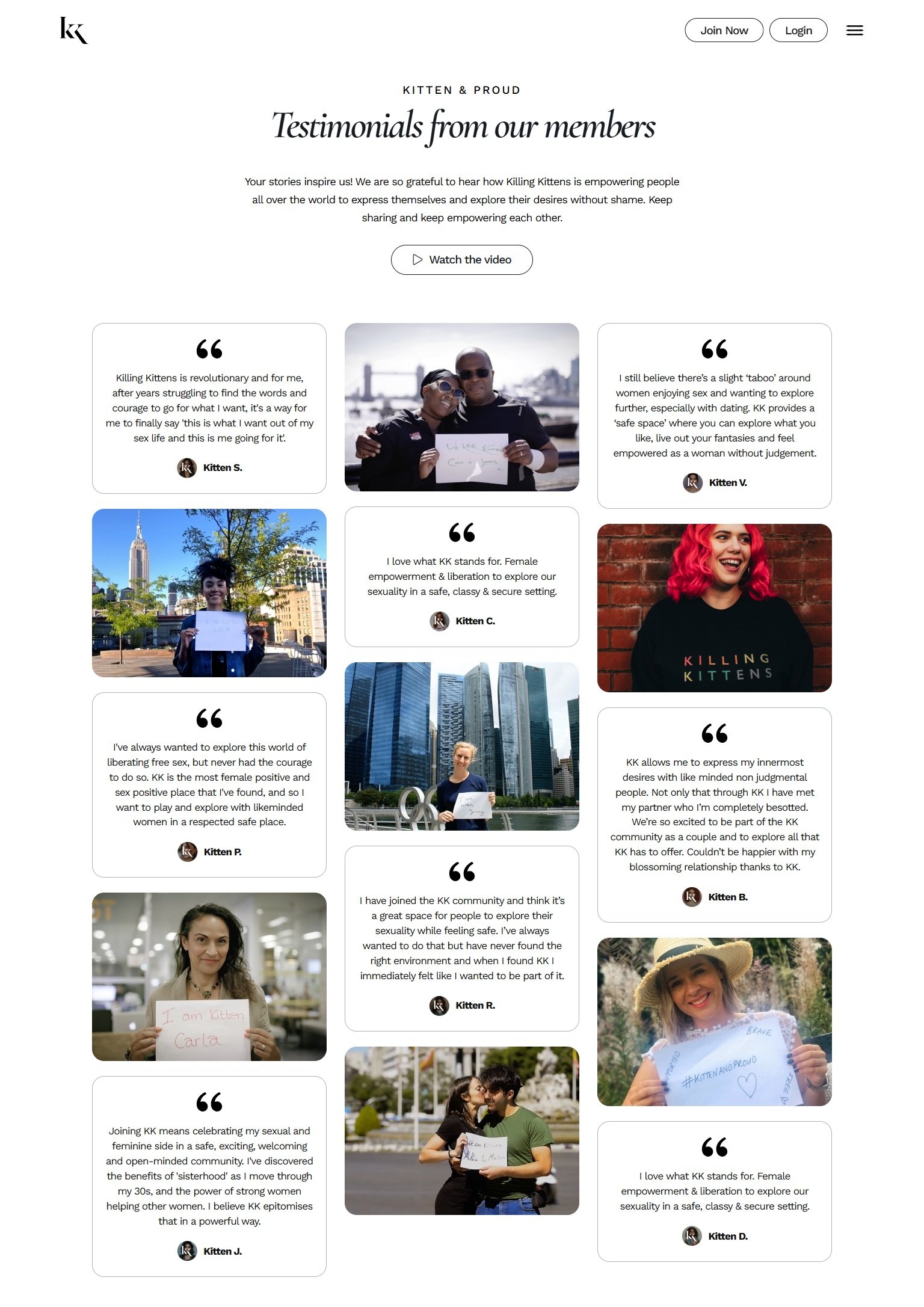 Testimonials webpage featuring photos of diverse women and quotes about female empowerment, sexuality, and community support.
