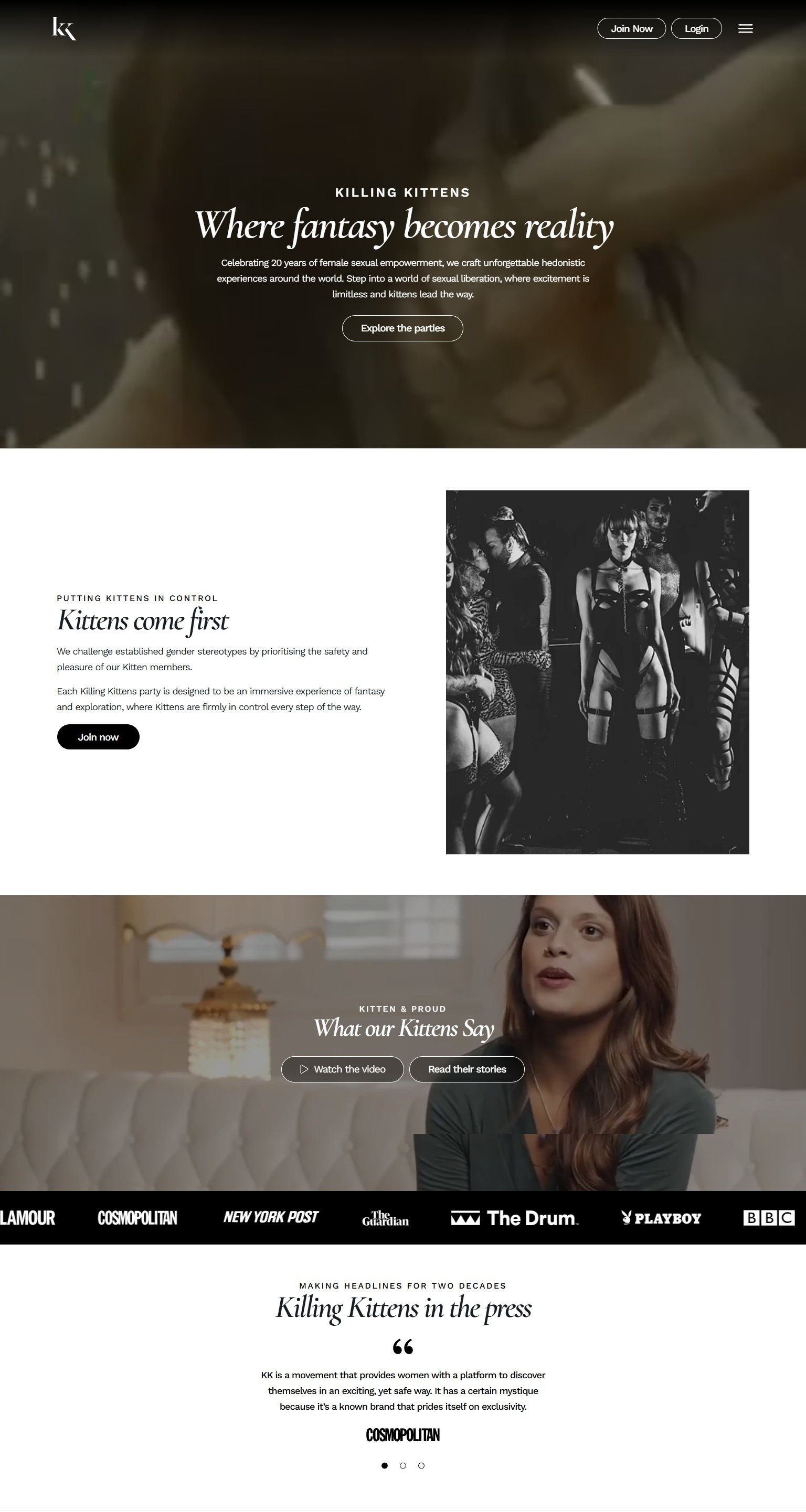 Webpage promoting a community for women exploring female empowerment and fantasy experiences, featuring images of women in provocative outfits and a woman speaking, with logos of media outlets at the bottom.
