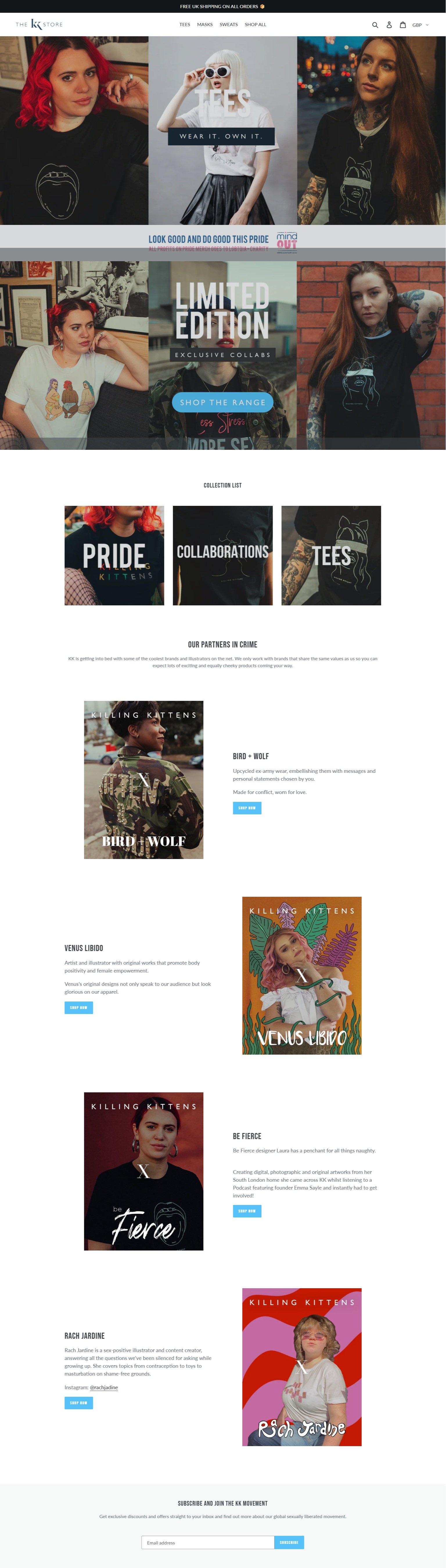 The webpage features models in various T-shirts with street or casual backgrounds, promoting pride-themed apparel, collaborations, and limited edition designs from the Killing Kittens brand.