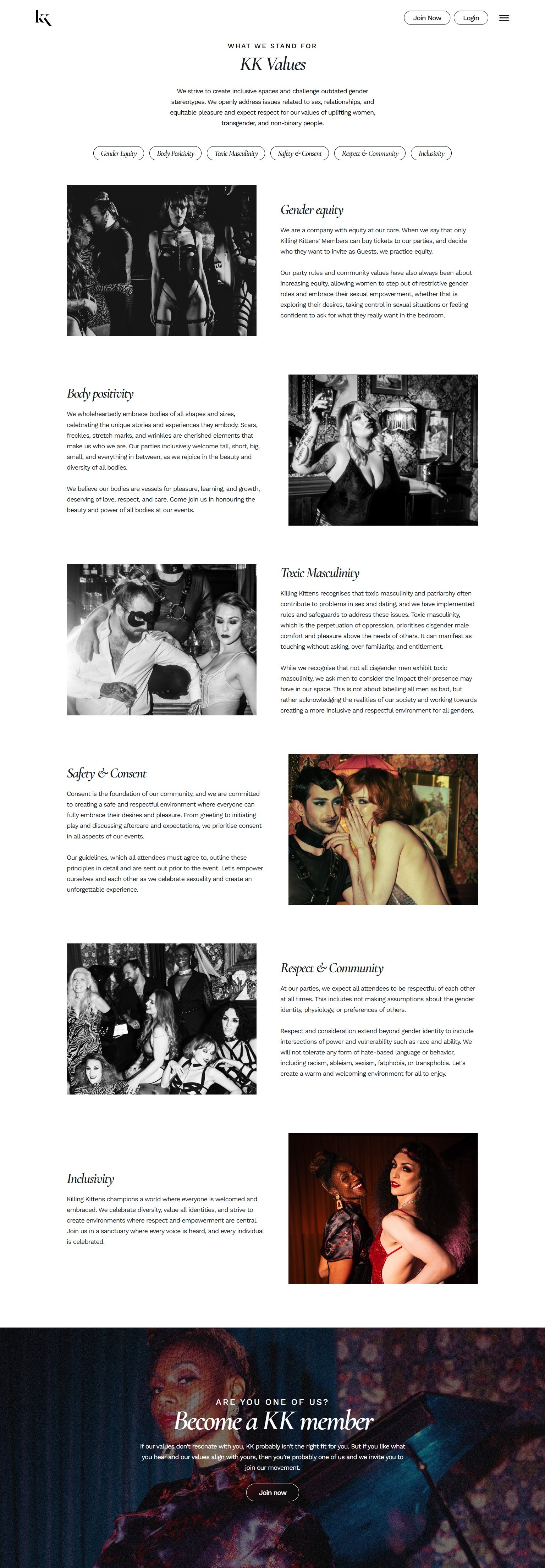Website page detailing KK Values principles including gender equity, body positivity, toxic masculinity, safety and consent, respect and community, and inclusivity, with black-and-white and color photos of diverse people at social gatherings.